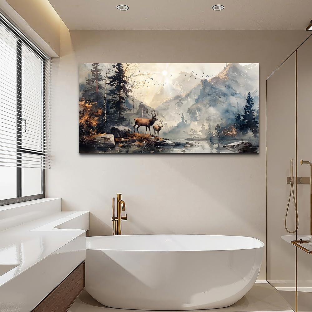 FUHAIHUA Canvas Wall Art For Living Room Framed Wall Decor For Bedroom Office Mountain Forest Landscape Ink Paintings Deer Pictures Artwork Modern Aesthetic Home Decor 20x40 In