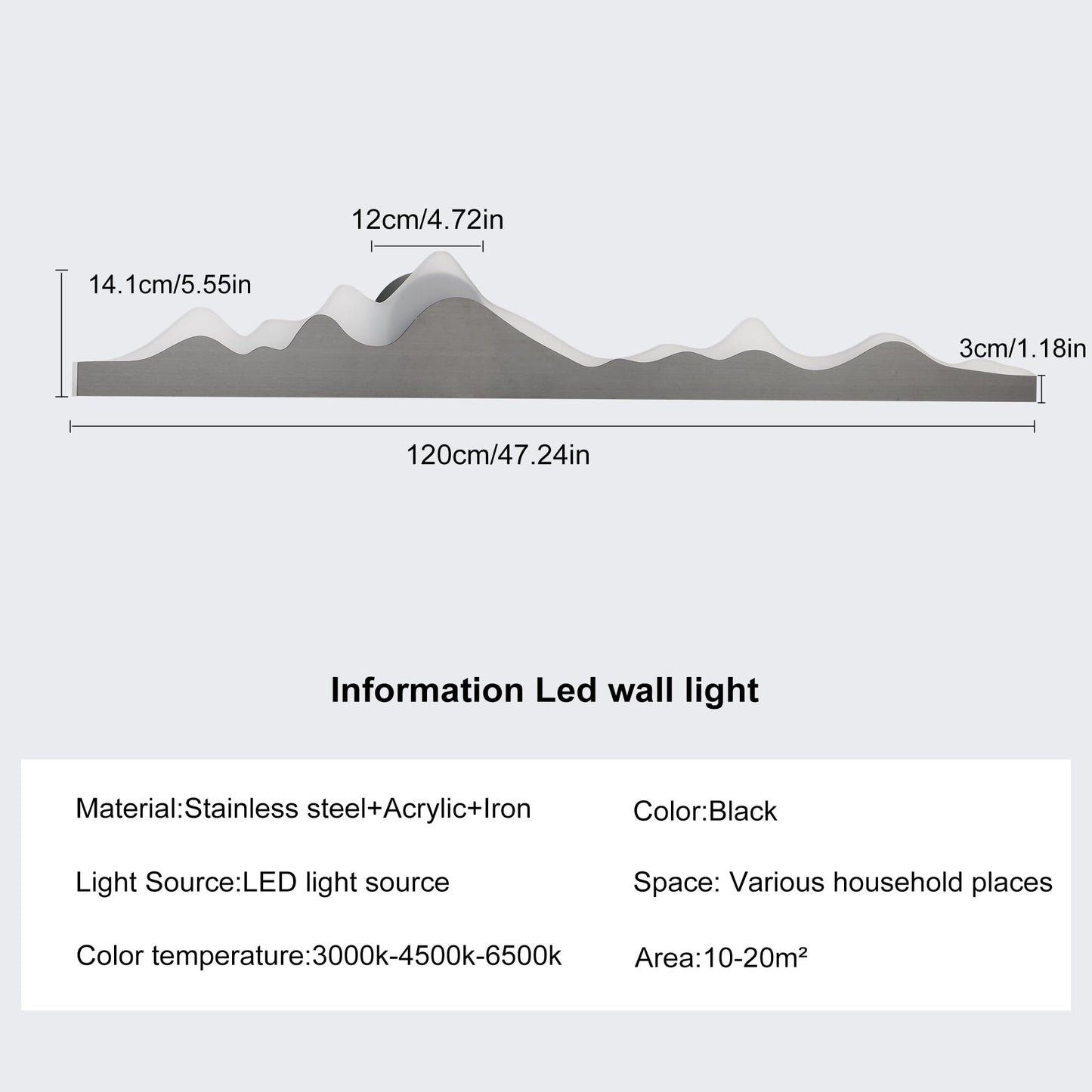 Qcyuui Wall Sconce with Remote Control 47.2inch Dimmable LED Wall Lights Black Led Wall Sconce Indoor Mountain Shape Wall Lamps for Living Room Bedroom Hallway,24W
