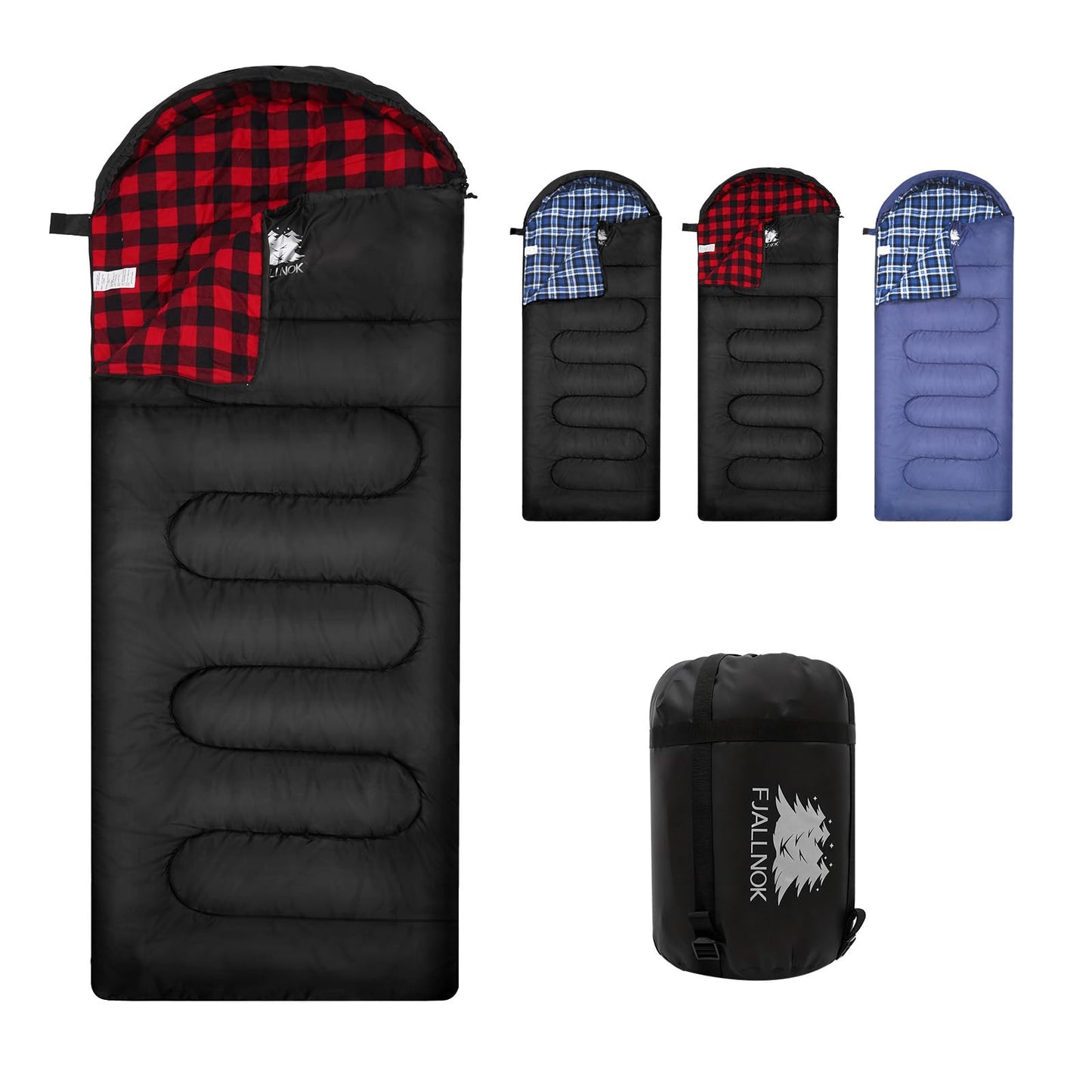 FJALLNOK Warm & Cold Weather Sleeping Bag,100% Cotton Flannel,Extra-Large for Adults & Kids,Lightweight Waterproof for Camping Hiking and Backpacking,Free Compression Sack (0-32℉- Black/Red)