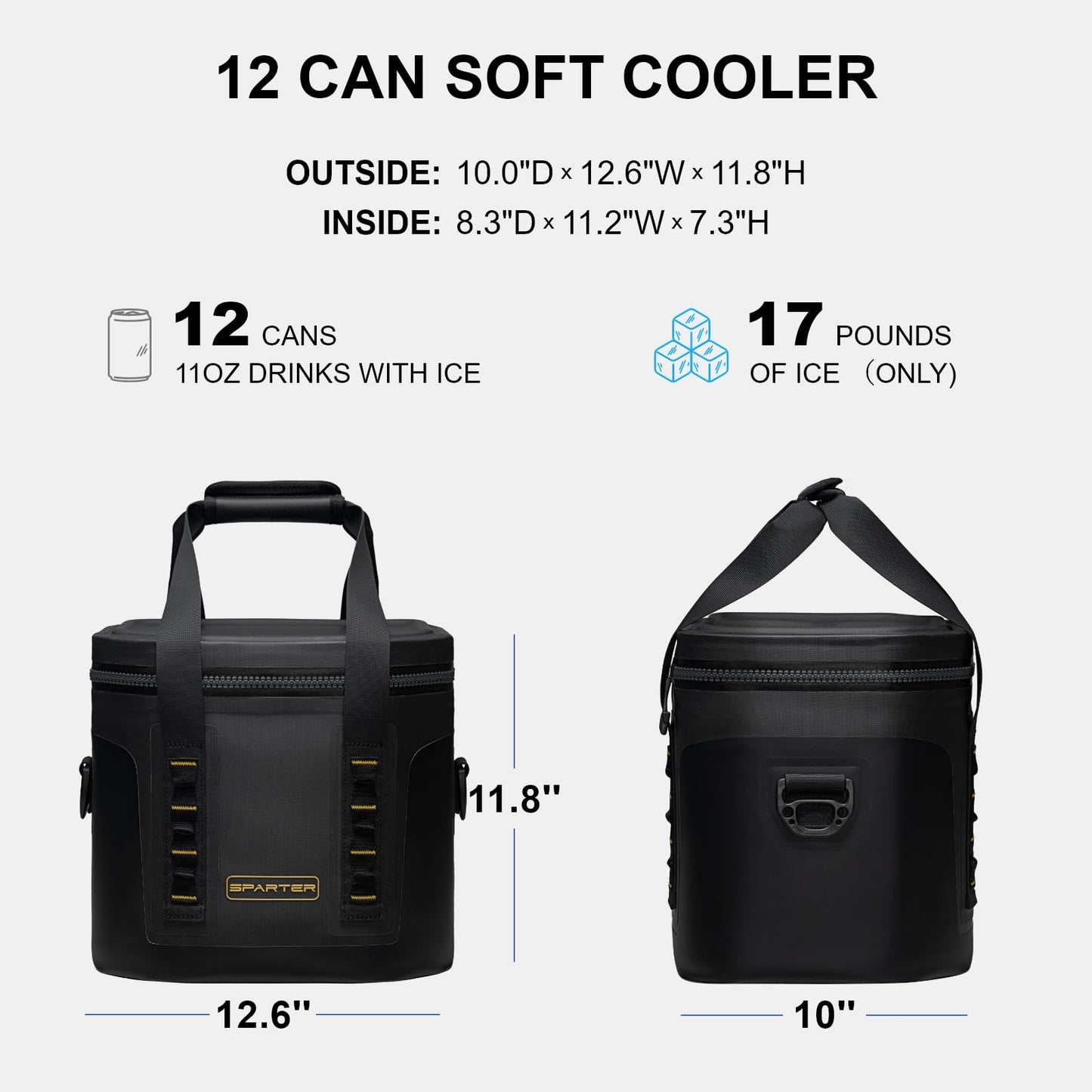 SPARTER Portable Soft Cooler 12 Cans, IP68 Tizip Leak-Proof Zipper for Camping, Fishing, Beach, Outdoors Insulated Ice Chest with Reusable Ice Pack- Black
