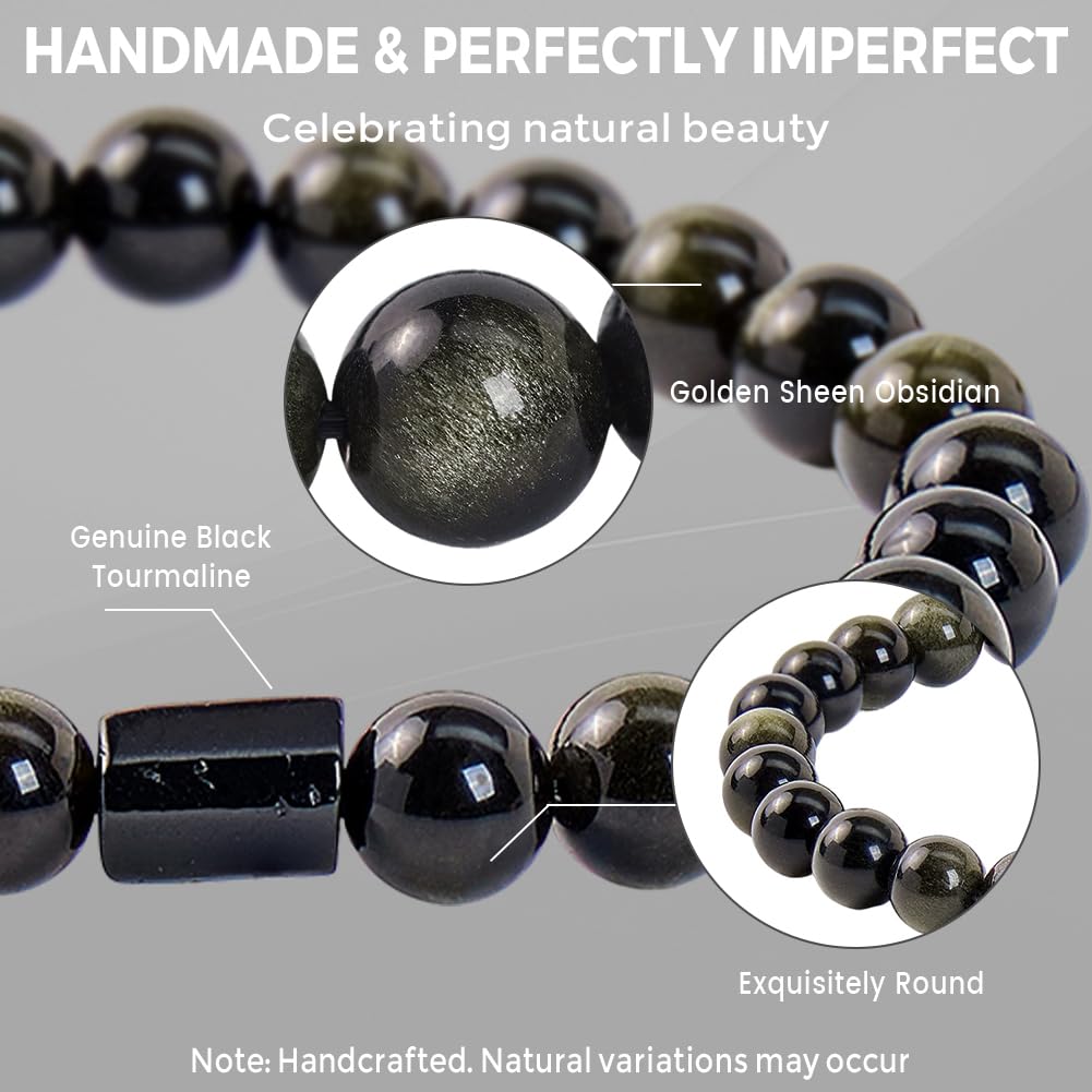 Buddha Stones Black Obsidian Bracelet with Black Tourmaline, Black Stone Bead Bracelet for Men & Women, Unisex Good Luck Bracele for Protection Positive Energy, Healing Crystal Bracelet for Anxiety Relief, Includes Gift Box & Card - 8MM