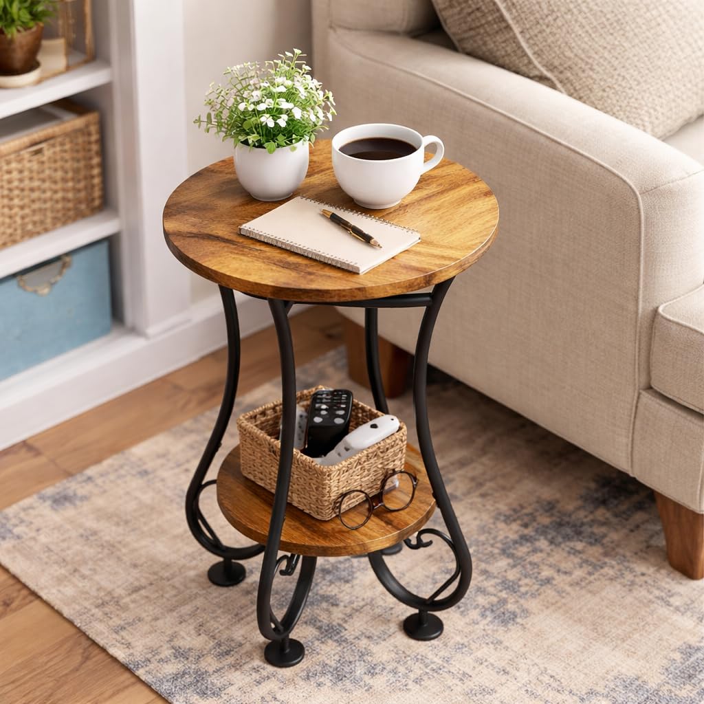 X-cosrack Small Round Side Table with Lower Shelf for Small Spaces, Compact End Table for Sofa, Bedside Nightstand, Coffee & Drink Table for Living Room, Bedroom, Balcony