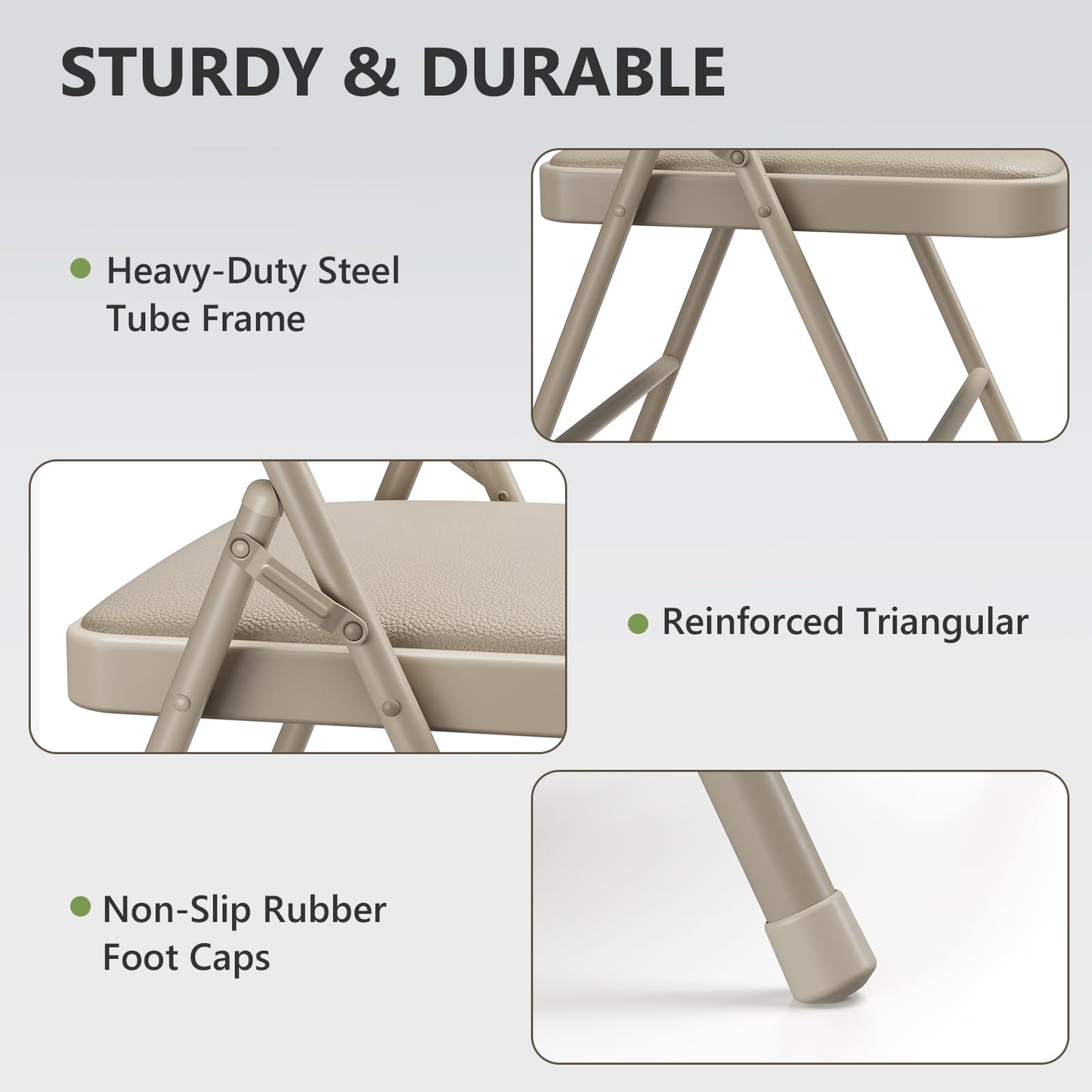 Folding Chairs 2 Pack, PU Leather Padded Folding Chairs for Outside and Indoor, Heavy Duty Portable Foldable Metal Commercial Seat for Home Office, Dorm, Party, Backyard, Lawn, Patio, Khaki