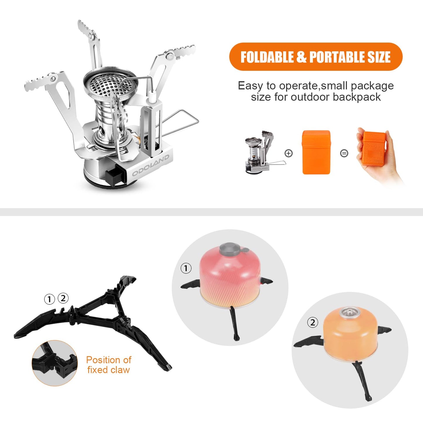 Odoland Camping Cookware Stove Carabiner Canister Stand Tripod and Stainless Steel Cup, Tank Bracket, Fork Spoon Kit for Backpacking, Outdoor Camping Hiking and Picnic,Orange