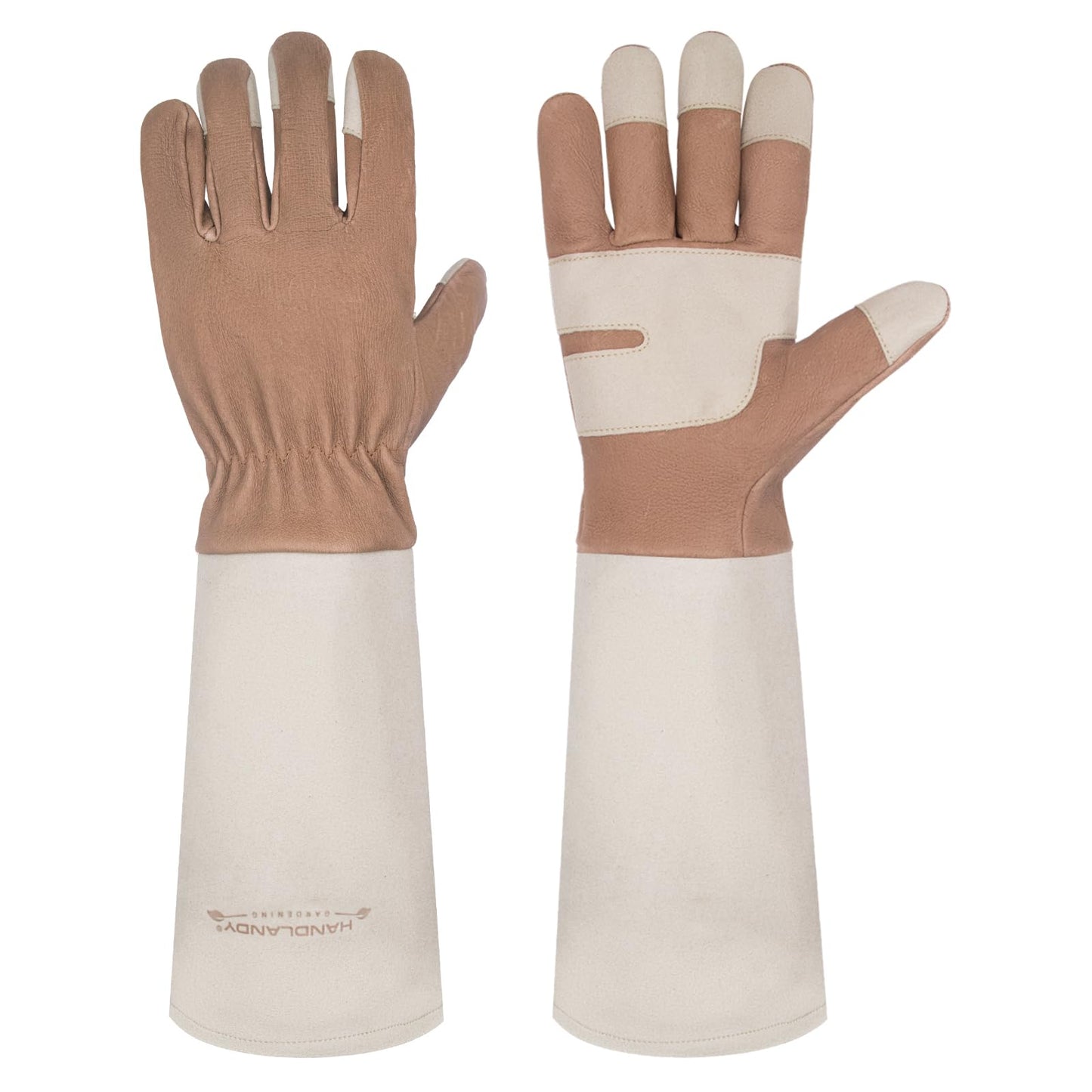 HANDLANDY Long Gardening Gloves for Men & Women, Thorn Proof Rose Pruning Gloves Leather Gauntlets Garden Glove Yard Work Glove (Warm Brown, Large)