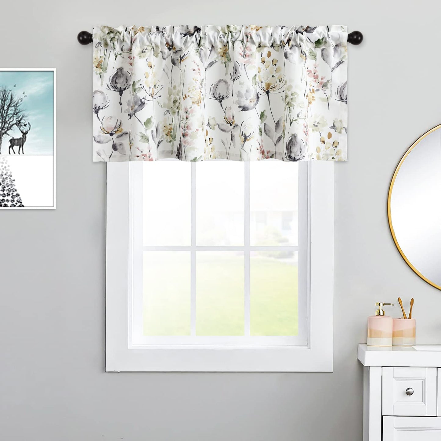 Leeva Watercolor Floral Valance Curtains, Rod Pocket Short Curtain Window Valances for Living Room, 52 x 18 inch, Brown and Grey, 1 Pack