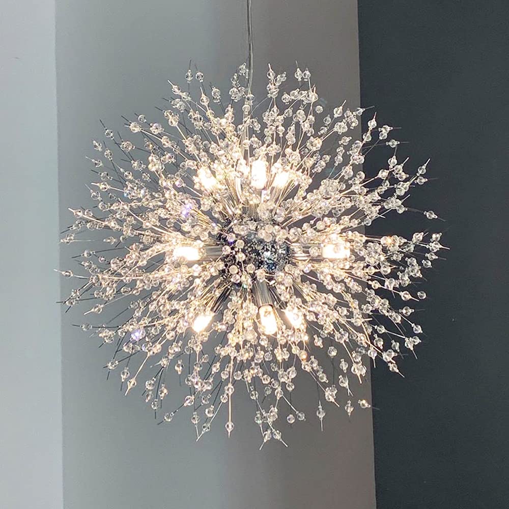 Yiisem Modern Crystal Chandeliers, 12-Light Chrome Dandelion Firework Pendant Lighting, Chandelier Light Fixtures for Dining Room Bedroom Living Room Kitchen Aisle Hallway Entryway