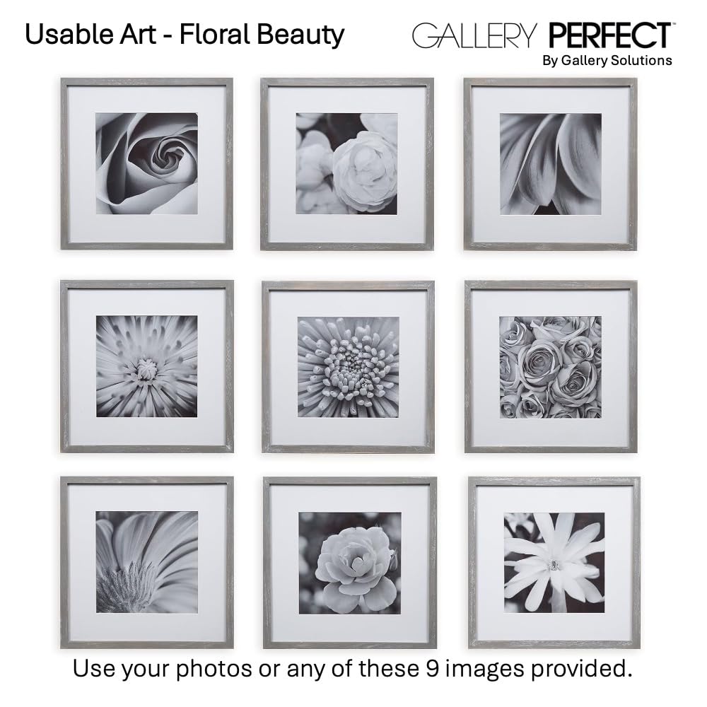 GALLERY PERFECT 12x12 Picture Frames, 9 Piece Set with Real Glass Cover for 8x8 Photos With Mat, Picture Frames Collage Wall Decor for Gallery Wall, Home Decor, Grey