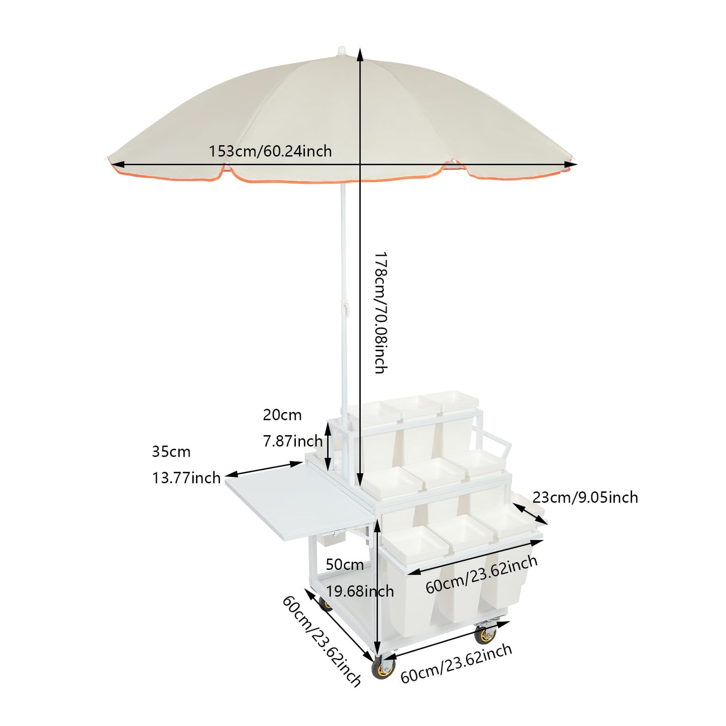 Flower Stand Cart with Large Umbrella 5x5.8ft, 110lb Capacity Metal Flower Bar with Wheels, Flower Plant Stand with 18 Buckets, 3 Tier Rolling Stand Cart for Indoor Outdoor Patio Garden Florist (Silver White)