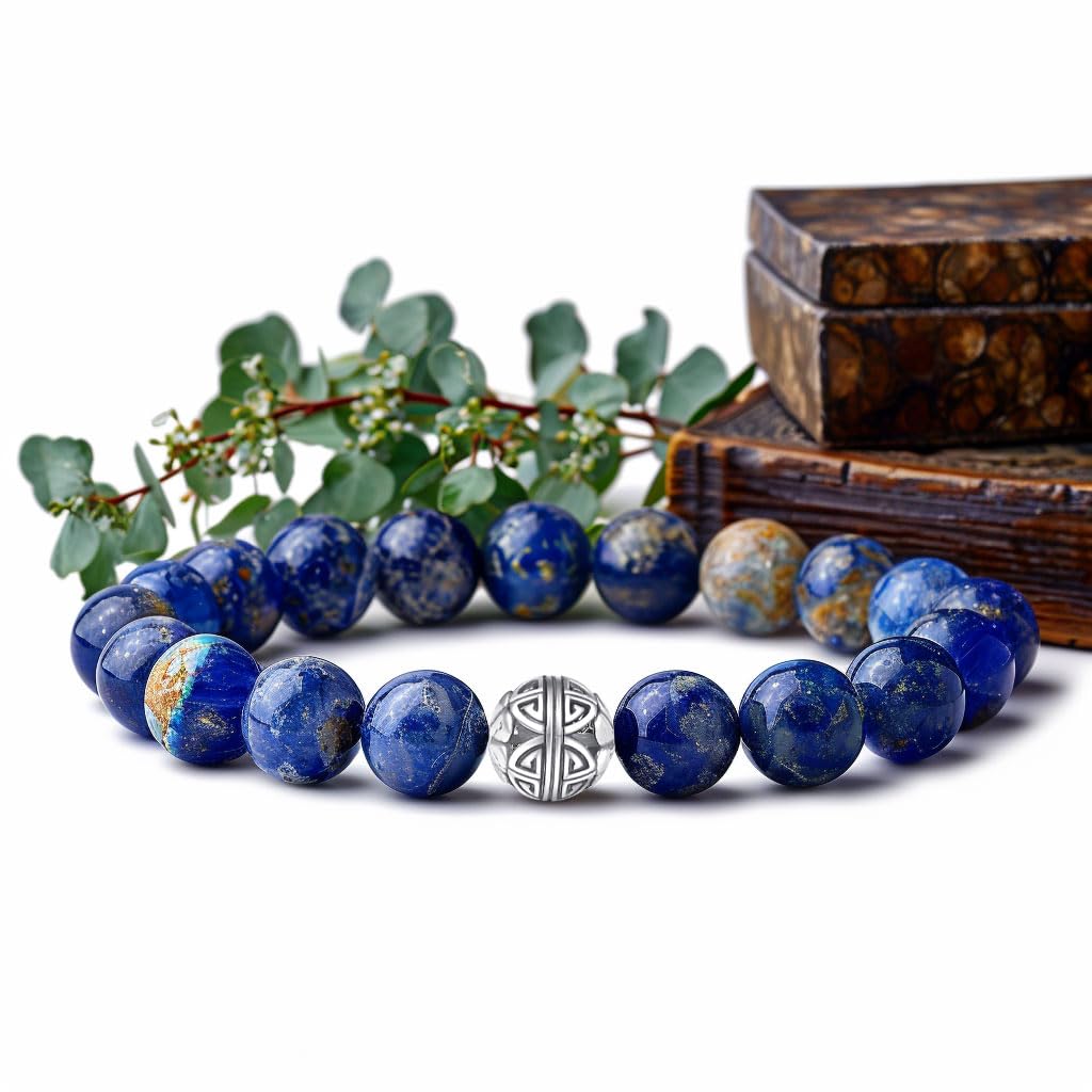 MetJakt Healing Crystals Beaded Bracelets for Womens Natural Gemstone 8mm Beads Stretch Bracelets with 925 Sterling Silver Double Happiness Pendant (Lapis Lazuli)