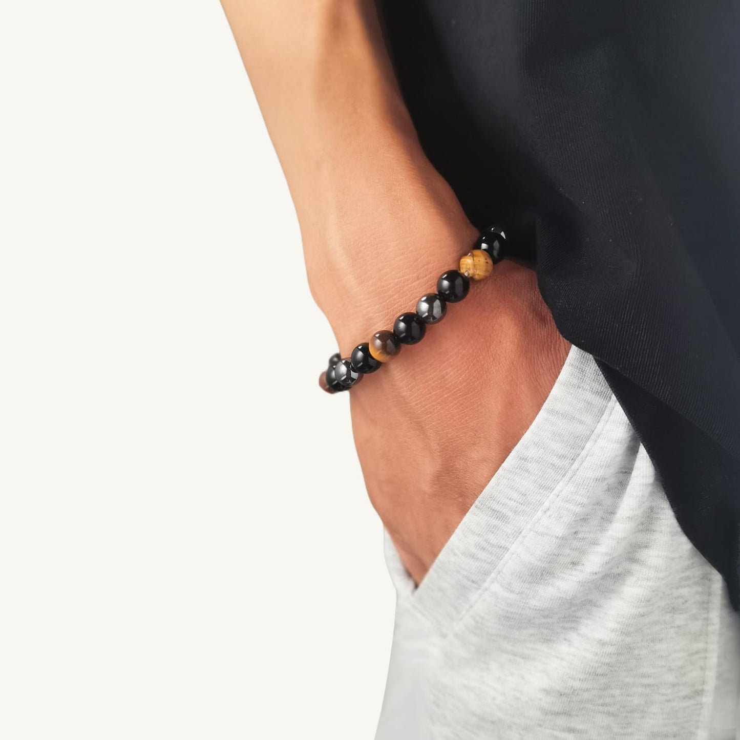 Gracayfr Tiger Eye Black Tourmaline Bracelet Hematite Anxiety Relief Natural Beaded Stone Healing Crystal Spiritual Empath Protection Gemstone Stretch Bead Obsidian