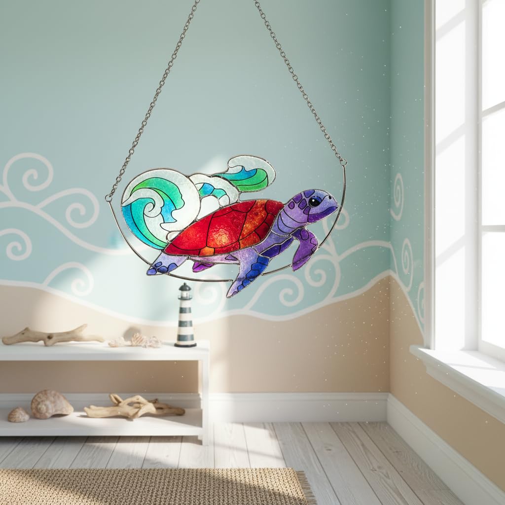 Sea Turtle Stained Glass Window Hanging, Ocean Sea Life Sun Catchers Indoor Panel, Nautical Suncatcher Decor for Home, Wall, Garden, Coastal Ornament Gift for Women, Beach Lovers