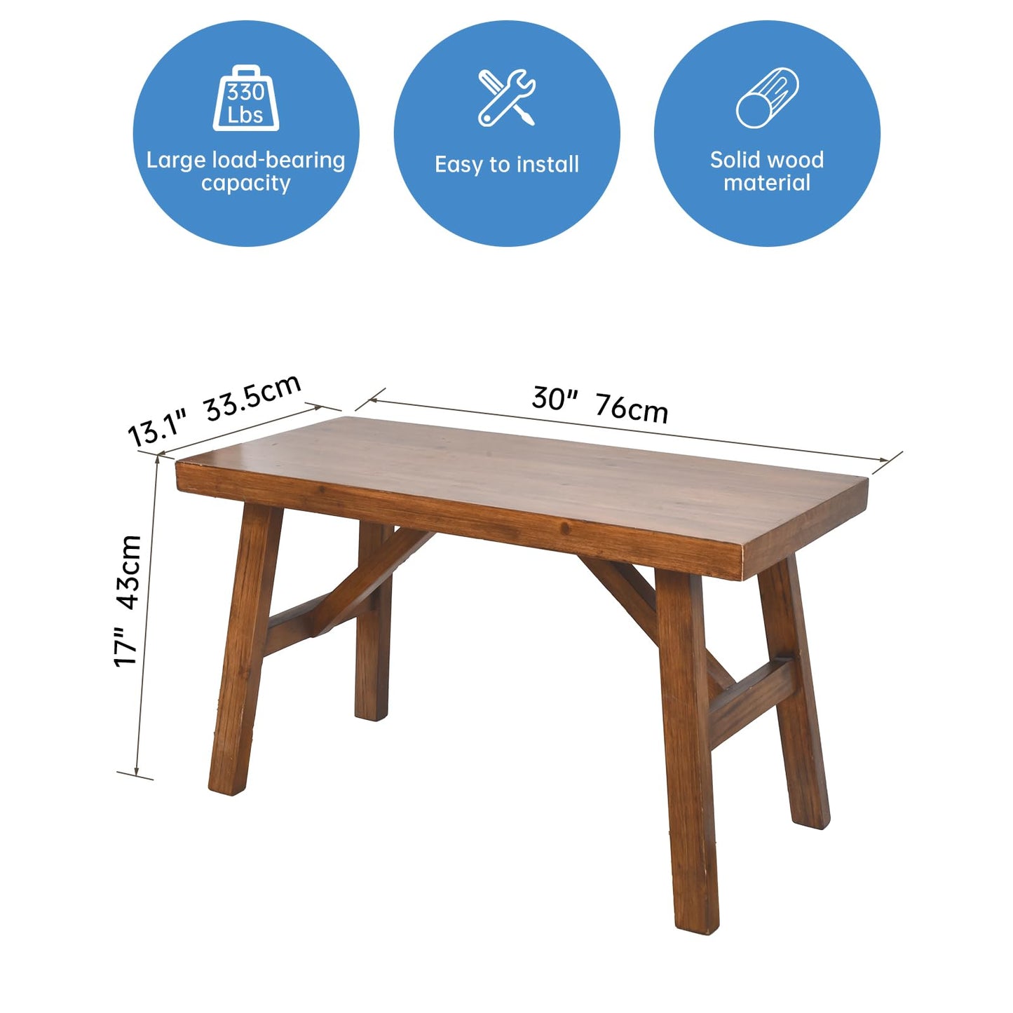 FUIN 30" Solid Wood Farmhouse Bench - Rustic Entryway, Living & Dining Room Seating, Natural Finish