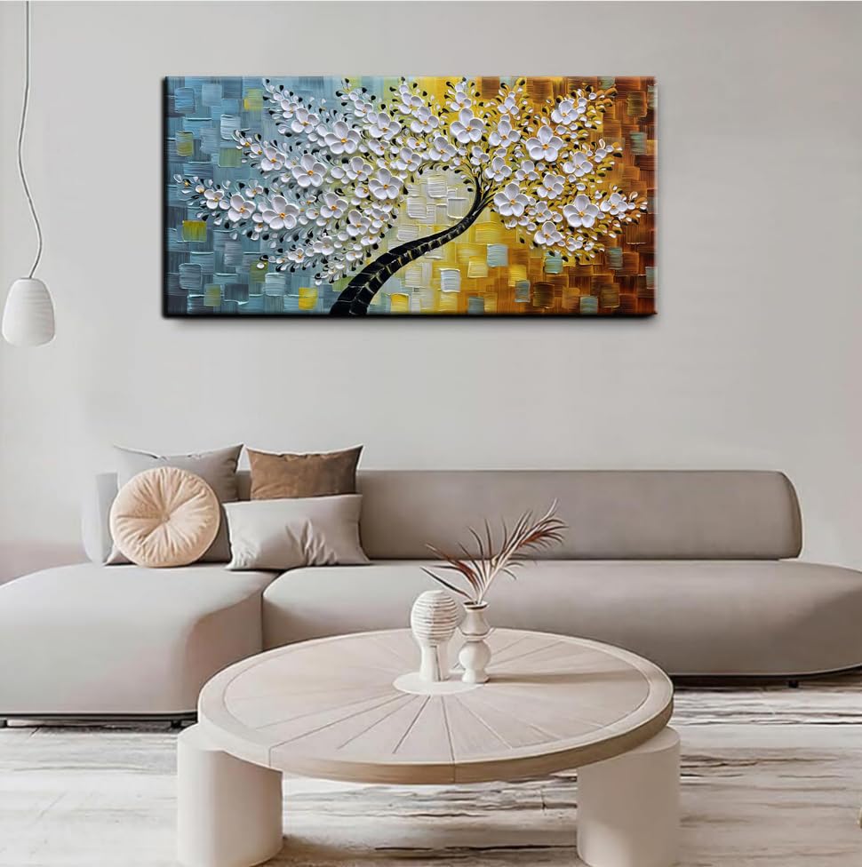 YaSheng Art - Wall Art Oil Painting ,100% HandPainted 3D Texture Wall Art Artwork White Flower Tree Paintings ,Abstract Canvas Wall Art ,Bedroom Dining Room Living Room Modern Wall Art Decor Home , Framed Wall Art Picture 24x48inch