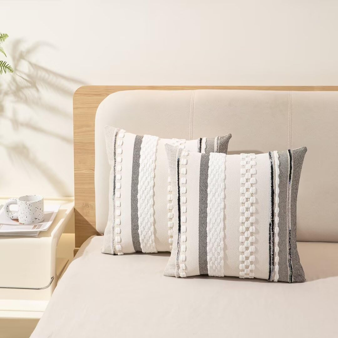 WANLIRD Boho Throw Pillow Covers 18x18 Set of 2 Farmhouse Decorative Cushion Case Striped Square Pillows Cover Chenille Pillow Cases Accent Neutral Pillowcase for Sofa Couch Bed,White