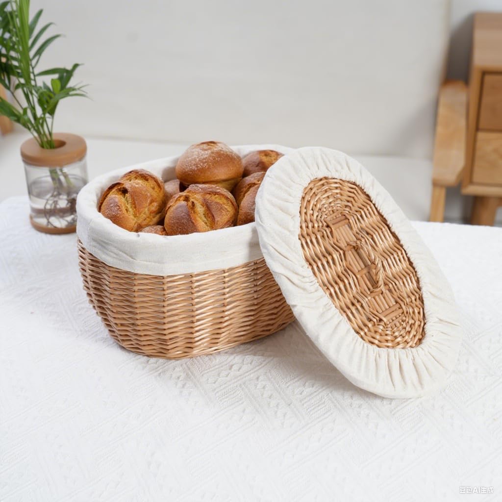 Wicker Bread Basket Serving with Lid & Removable Lining, Sourdough Proofing Basket,Eco-friendly Bread Storage basket Ideal for Picnics & Dining (Oval)