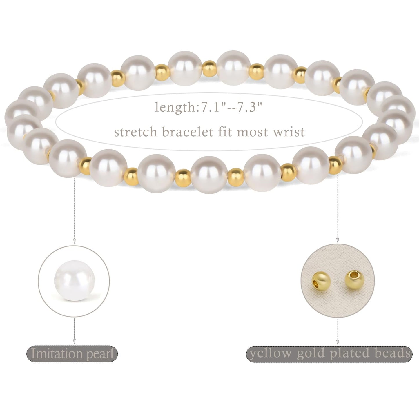 QOGIR Imitation Pearl - 14K Gold Plated Beads Gemstone Stretch Elastic Dainty Handmade Beaded Bracelets for Women Gifts 6mm