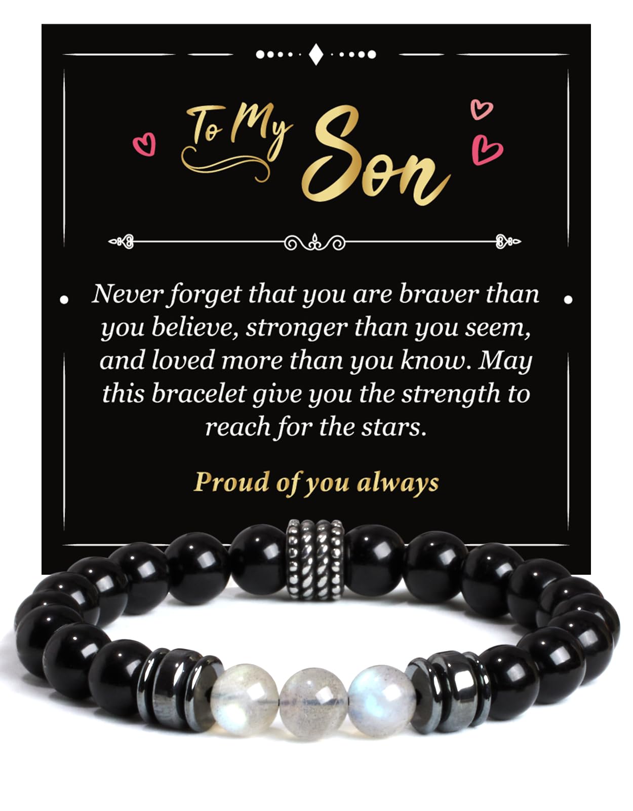 Landorilo Gifts for Men, 8mm Natural Stone Beaded Bracelets, Black Tourmaline & Labradorite Healing Bracelet, Handmade Mens Jewelry Gift for Him, Husband, Son, Father, Friend(Happy Birthday-7.5in)