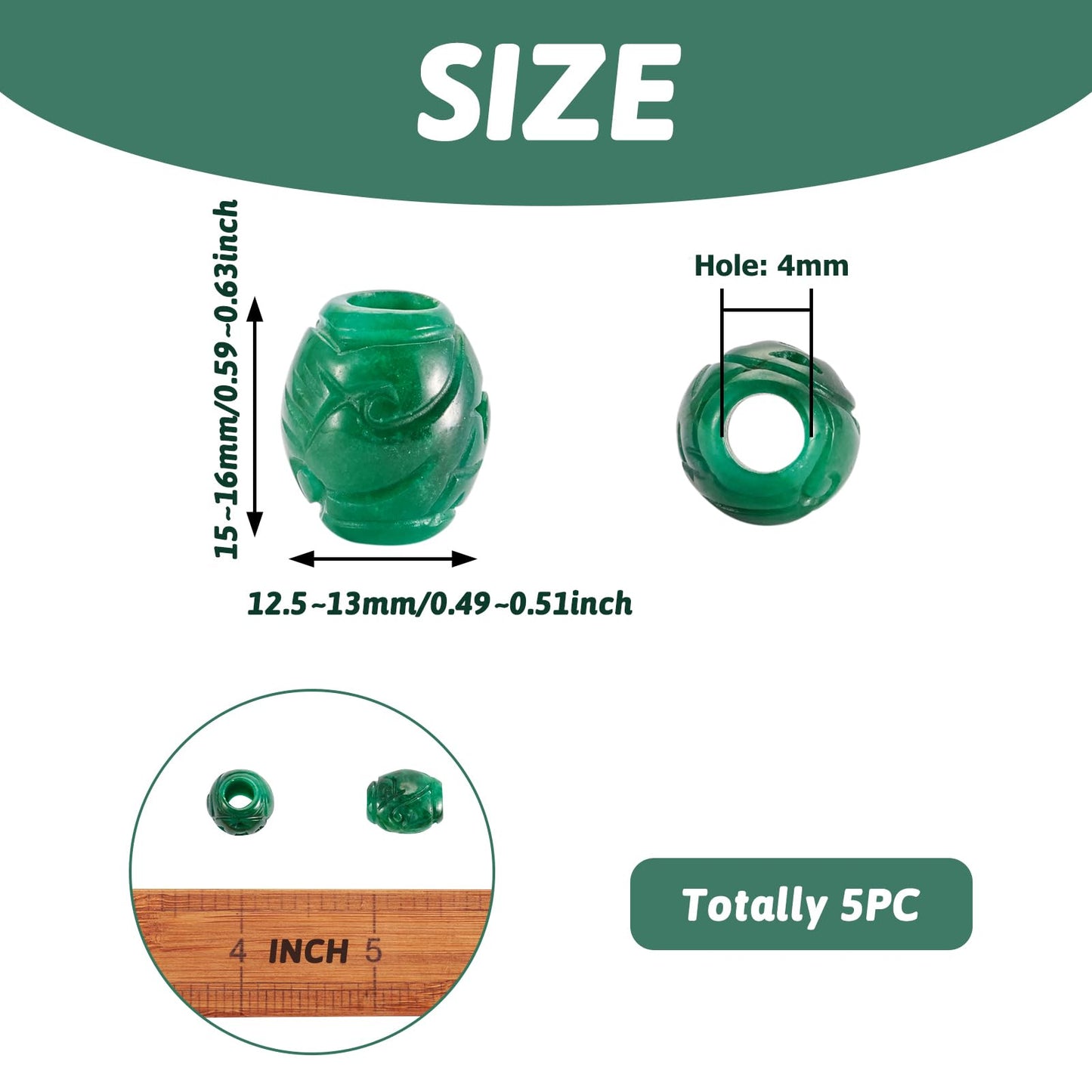 Fashewelry 5Pcs Natural Myanmar Jade Stone Large Hole Beads Barrel Engraving Gemstone European Charm Beads Drum Shape Healing Chakra Gems Loose Spacers for Jewelry Making 4mm Hole