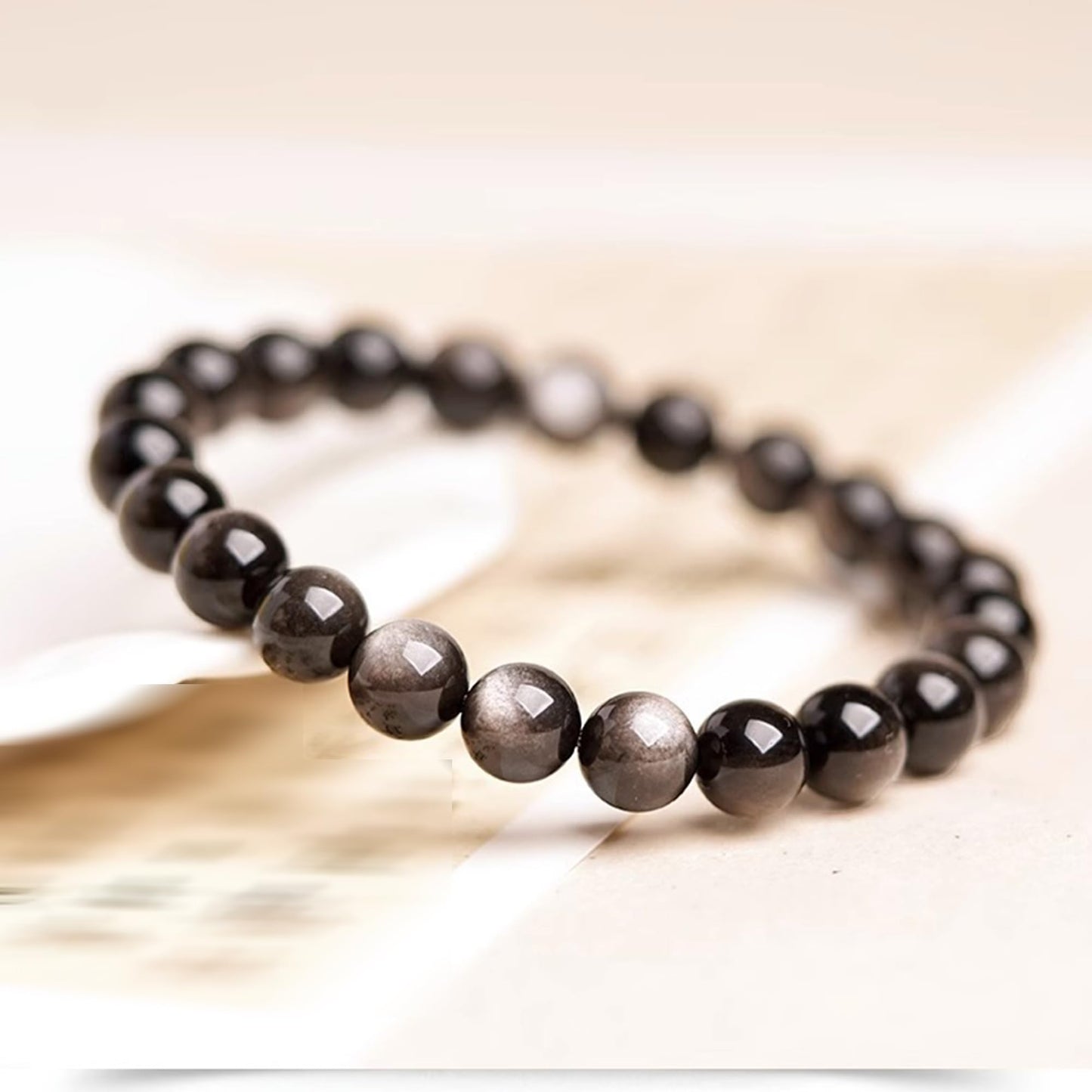 Cryhand Female 8mm Beaded Bracelets For Women Simulated Slivery Black Obsidian Bracelet for Men Handmade Lucky Money Stretchy Crystal Bracelets Best Gifts