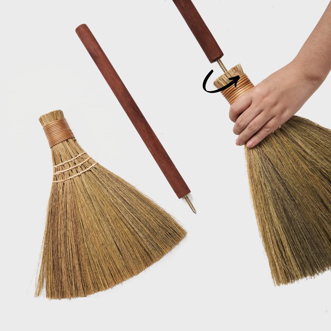 TTS For Home Natural Whisk Sweeping Hand Handle Broom - Vietnam Handmade Straw Soft Broom Design for Home, Kitchen, Grage, Bedroom 12.2" Width, 28.35" Length