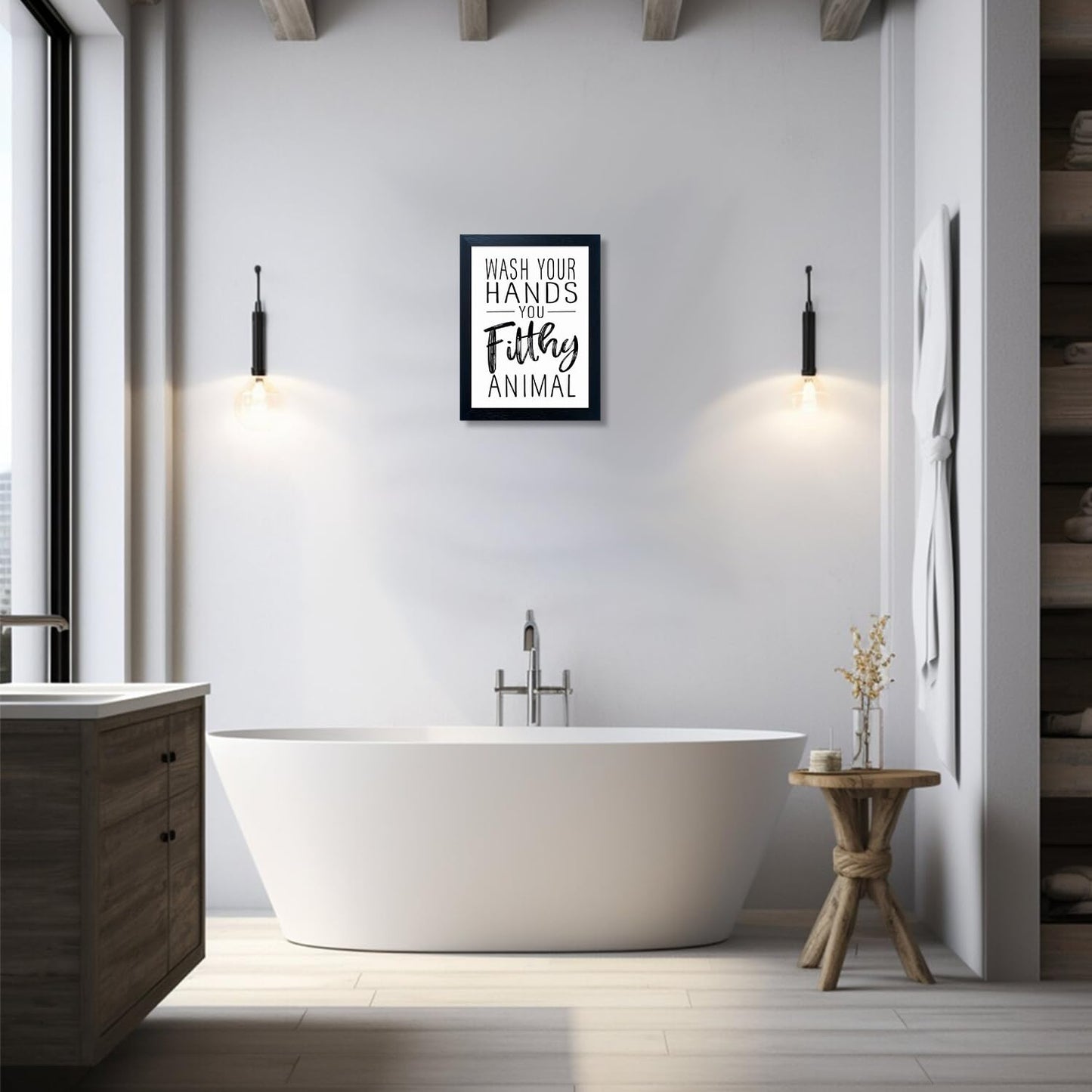Bathroom Quotes Wall Decor, Black and White Bathroom Wall Art, Toilet Decor Signs Small Black Framed Canvas Art for Kid's Washroom