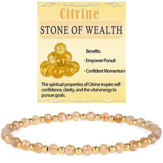 QOGIR Citrine - Stone of Wealth - 14K Gold Plated Beads Natural Gemstone Stretch Elastic Dainty Healing Beaded Bracelets Gifts 4mm