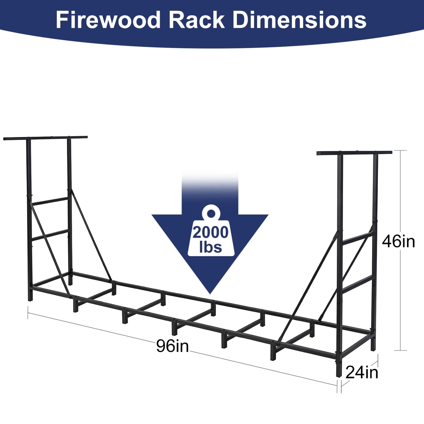 HONEST OUTFITTERS 8ft Firewood Rack Outdoor, Adjustable Heavy Duty Firewood Holder, Adjustable Wood Racks for Outdoor Indoor, Metal Log Racks for Firewood with Firewood Bag Carrier, Black