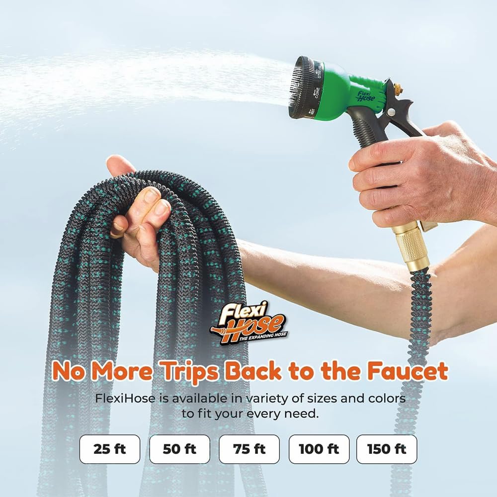 Flexi Hose with 8 Function Nozzle, 50FT - Lightweight Expandable Garden Hose, No-Kink Flexibility, 3/4 Inch Solid Brass Fittings and Double Latex Core - Green