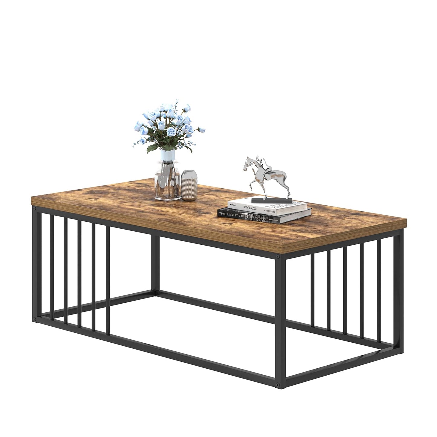 FOLUBAN Coffee Table, Modern Wood and Metal Living Room Table, Industrial Rectangle Cocktail Tea Table, Rustic Brown, 43.3 Inch