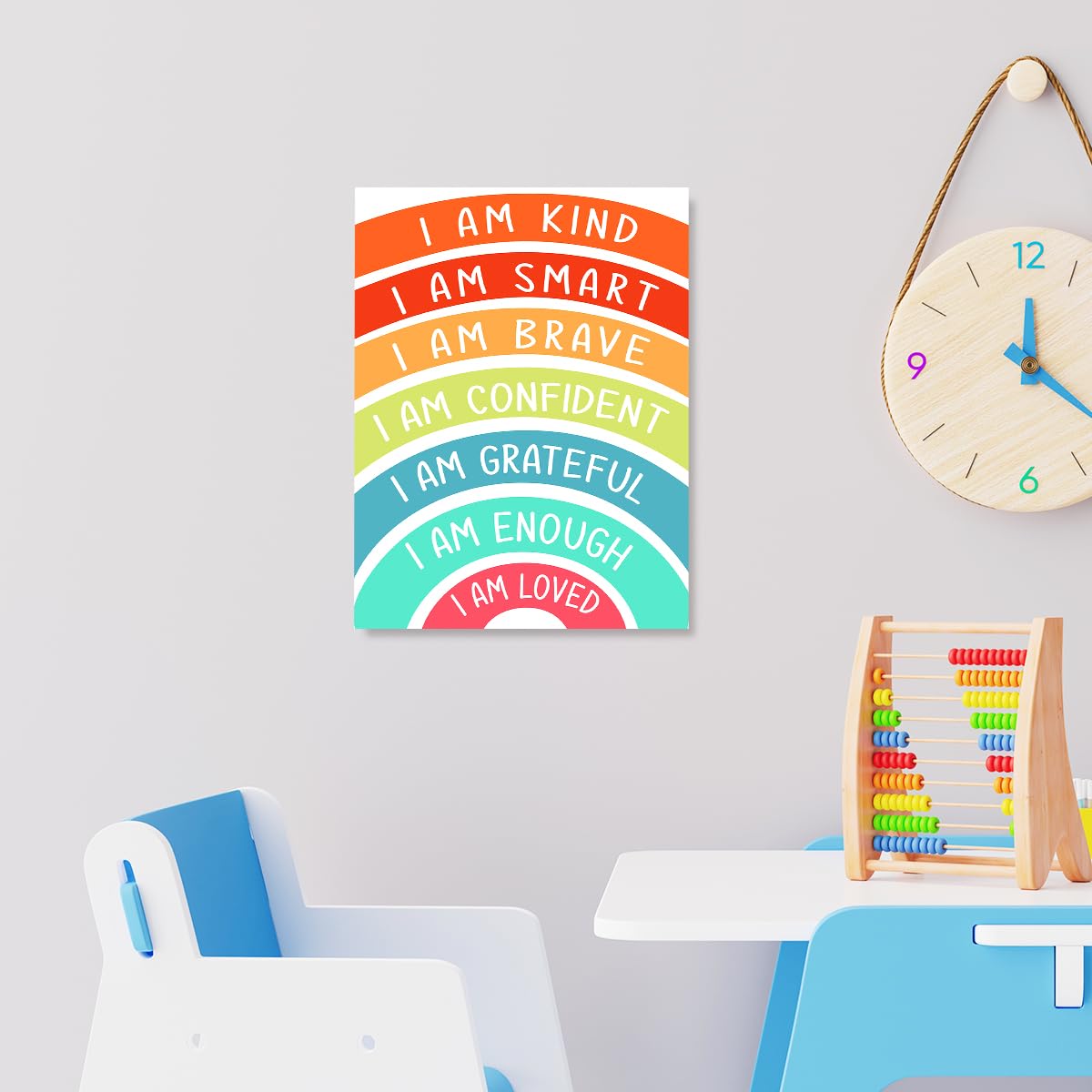 Positive Kids Affirmation Wall Decor, I Am Kind Smart Rainbow Classroom Wall Art Canvas Framed Print for Calming Corner School Counselor Wall Decor 12 x 15 in