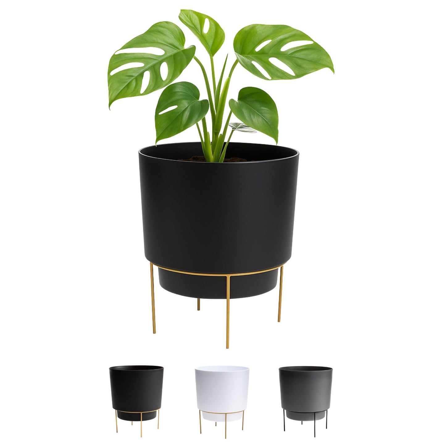 Bloem Hopson Decorative Resin Cachepot with Metal Stand, 10" Indoor and Outdoor Planter with Gold Metal Stand, Black