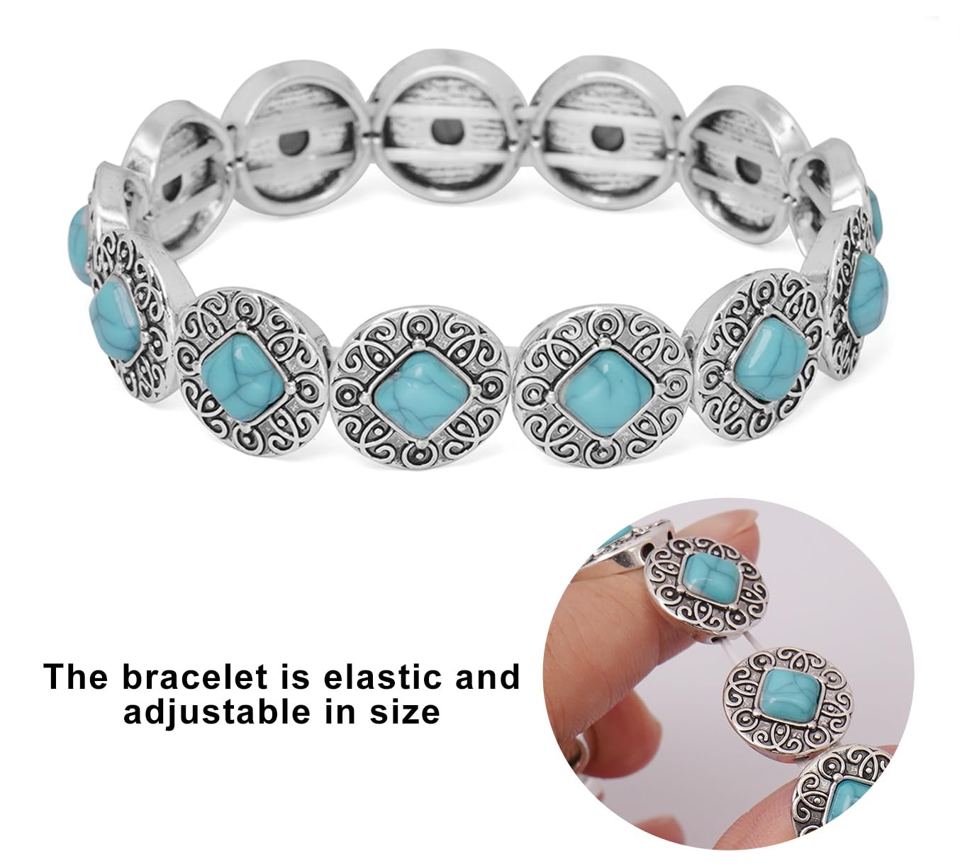 Wovanoo Turquoise Stretch Bracelets Boho Natural Stone Bangle Bracelet Adjustable Carved Wrist Bracelet Round