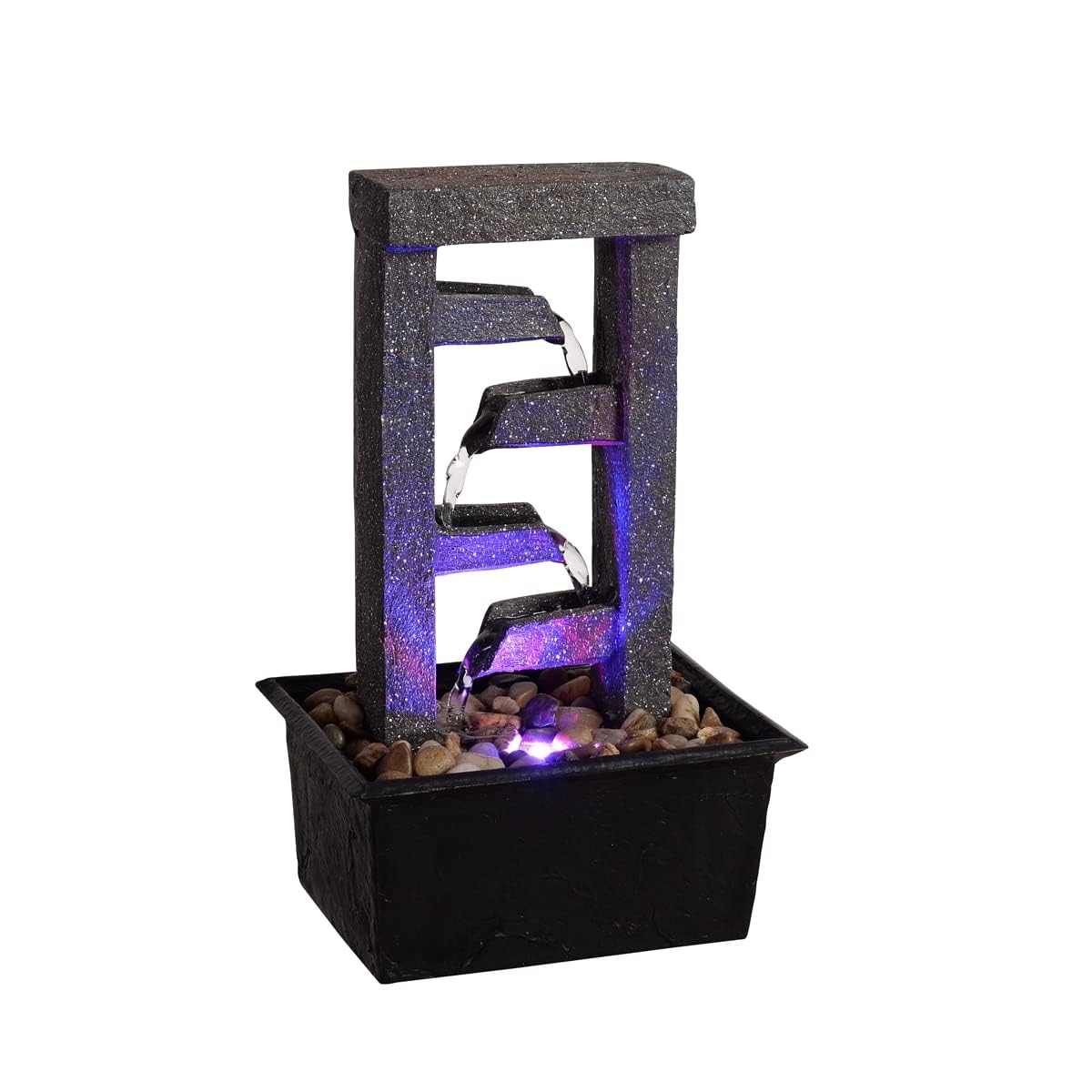 GOSSI 10" 4-Tier Tabletop Waterfall Fountain with Natural River Rocks, LED Lights, Resin Indoor Water Feature for Home Office Decor, Meditation Relaxation Gift