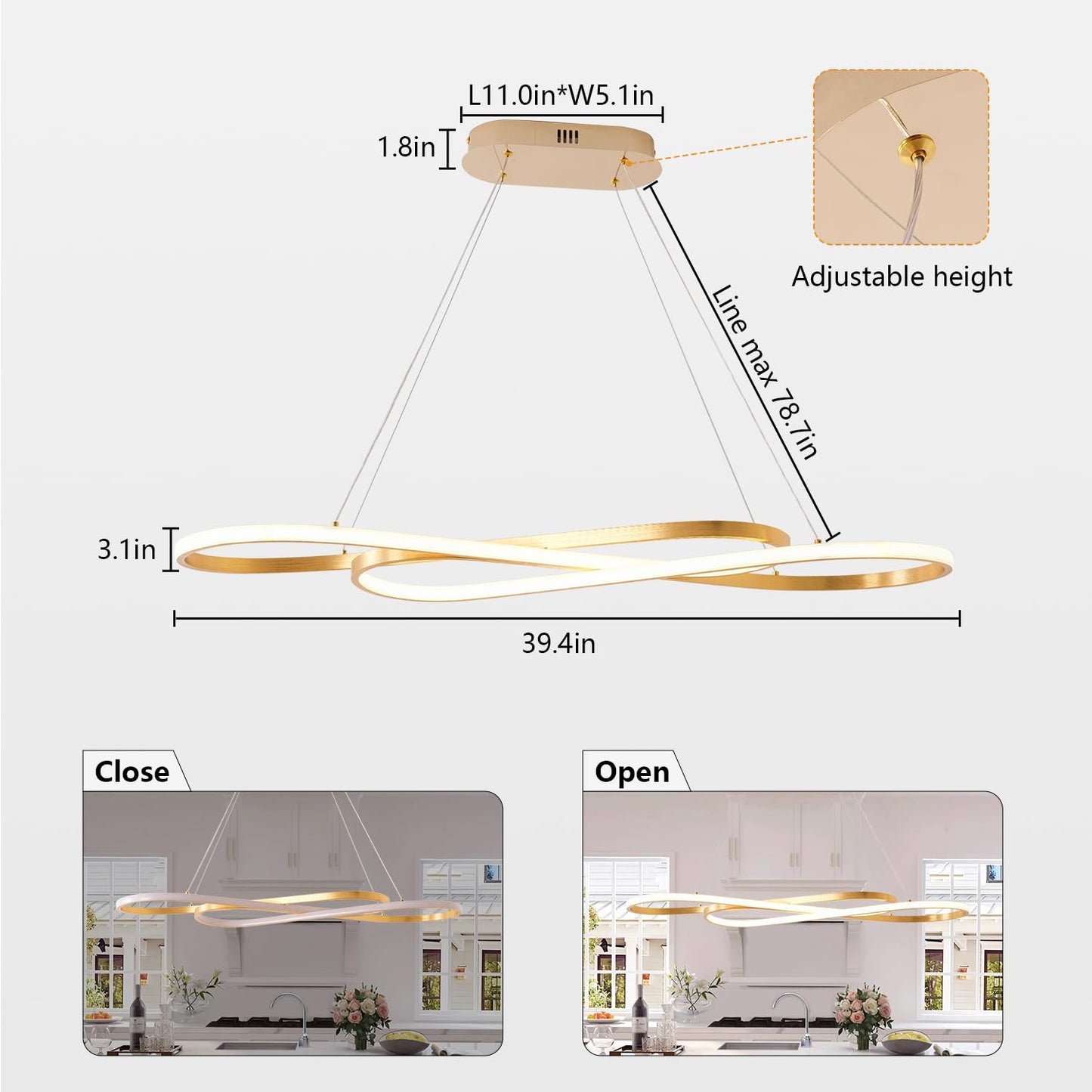 Gold Led Chandelier for Kitchen Island Lighting,Dimmable Modern Chandelier for Dining Room, L39.4" Modern Led Pendant Light Fixture Height Adjustable Brushed Gold Dining Room Light Fixture Over Table