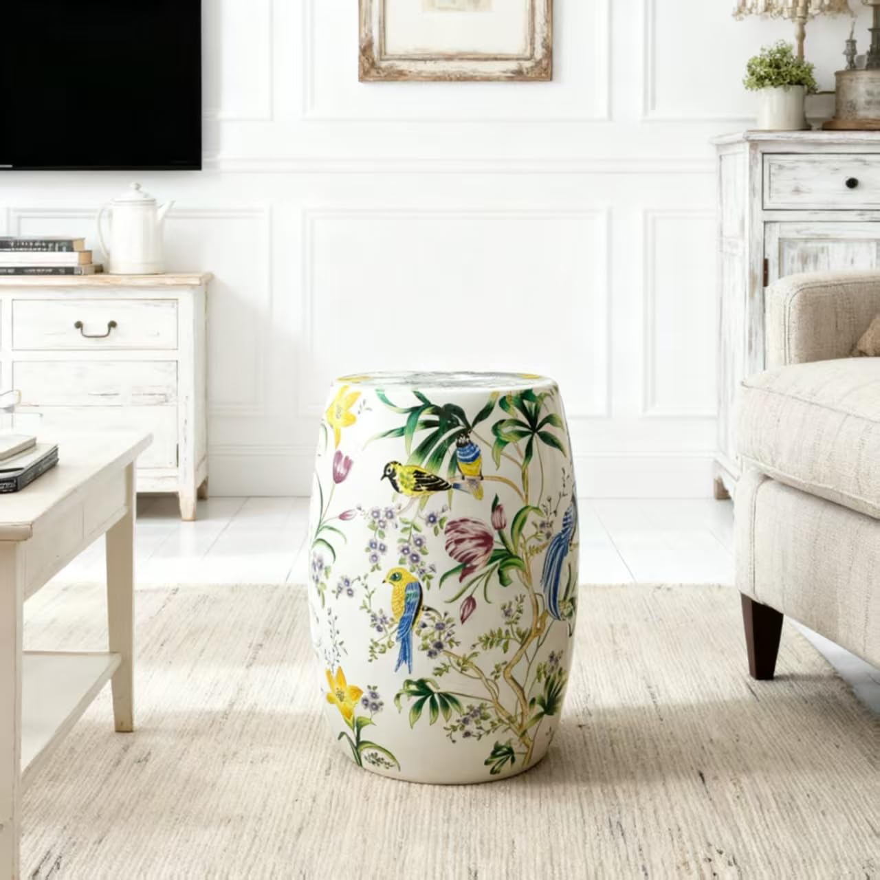 Onipig 17-Inch American Country Farmhouse Ceramic Drum Stool Multi-Purpose Indoor/Outdoor Garden Seat Plant Stand Entryway Shoe Stool Patio Decorative Accent