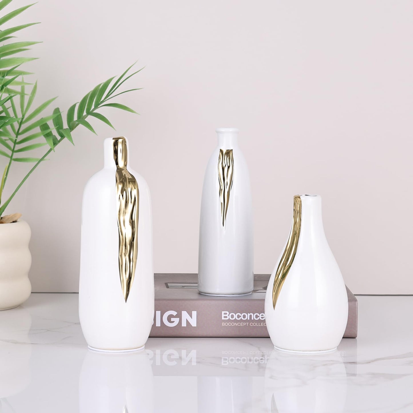 White and Gold Mini Ceramic Vase Set of 3, Small Ceramic Vase Set for Decorative, Bud Vases for Centerpieces Nightstand Kitchen, Boho Farmhouse Home Coffee Table Tray Decor