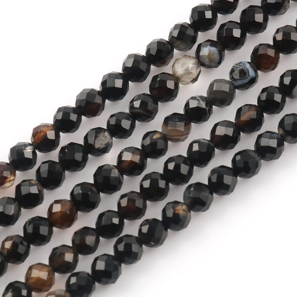 Song Xi 120pcs 3mm Natural Black Striped Agate Gemstone Beads Faceted Round Loose Stone Beads for Jewelry Making (1 Strand)