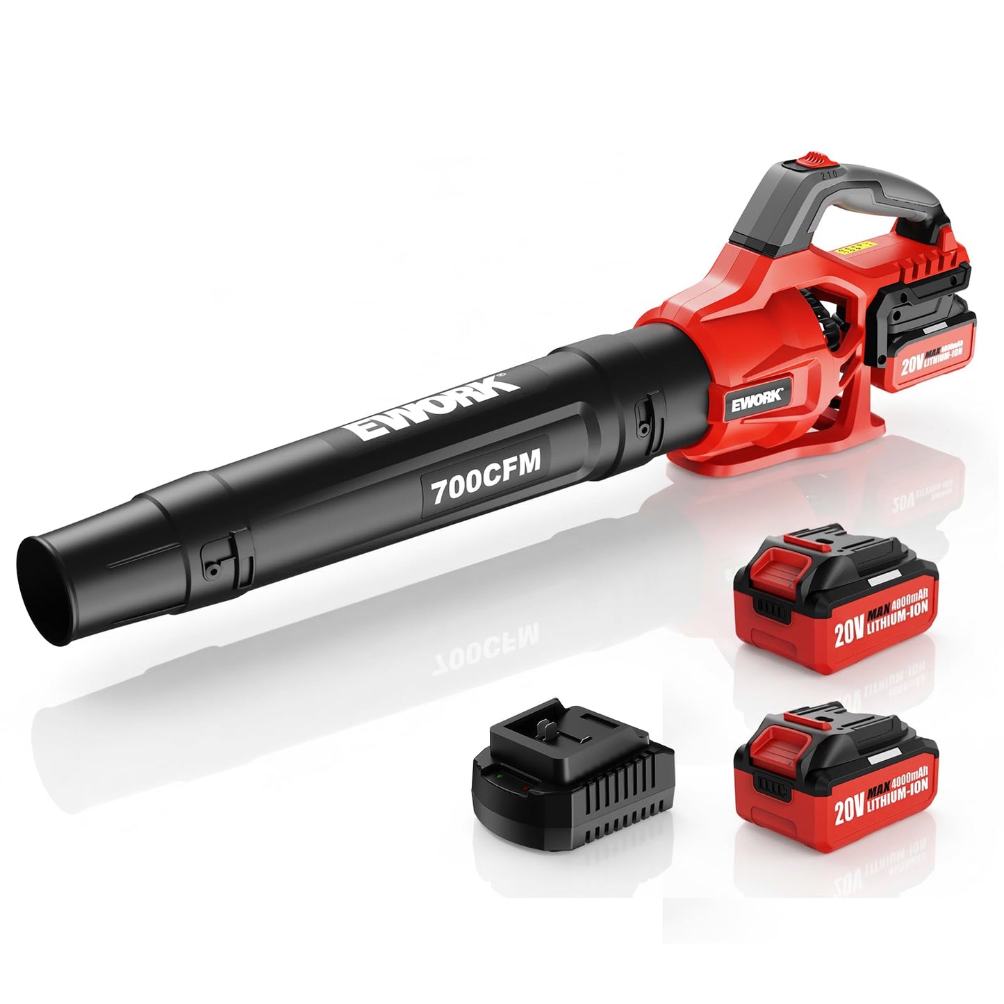 EWORK 20V Cordless Leaf Blower, Heavy Duty 700CFM 200MPH Electric Leaf Blower with 2 x 4.0Ah Batteries & Fast Charger, 2-Speed Adjustable for Patio, Garden, Yard and Snow Blowing