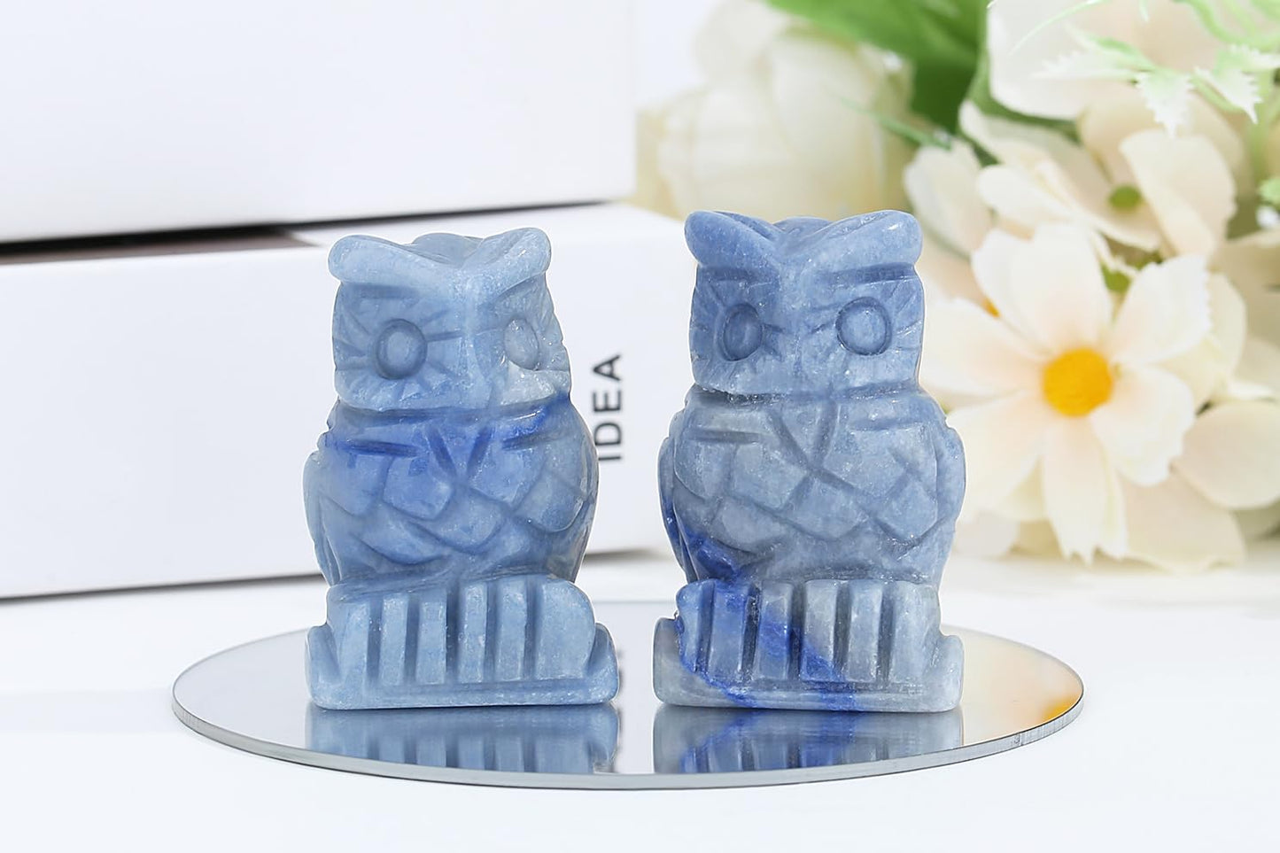 YATOJUZI Blue Aventurine Owl Crystal Decors Natural Crystals Stones Polished Hand-Carved Sculpture Statue Figurines Cute Animal Pocket Gemstone Reiki Energy Gifts Home Room Office Desk Decoration 2”