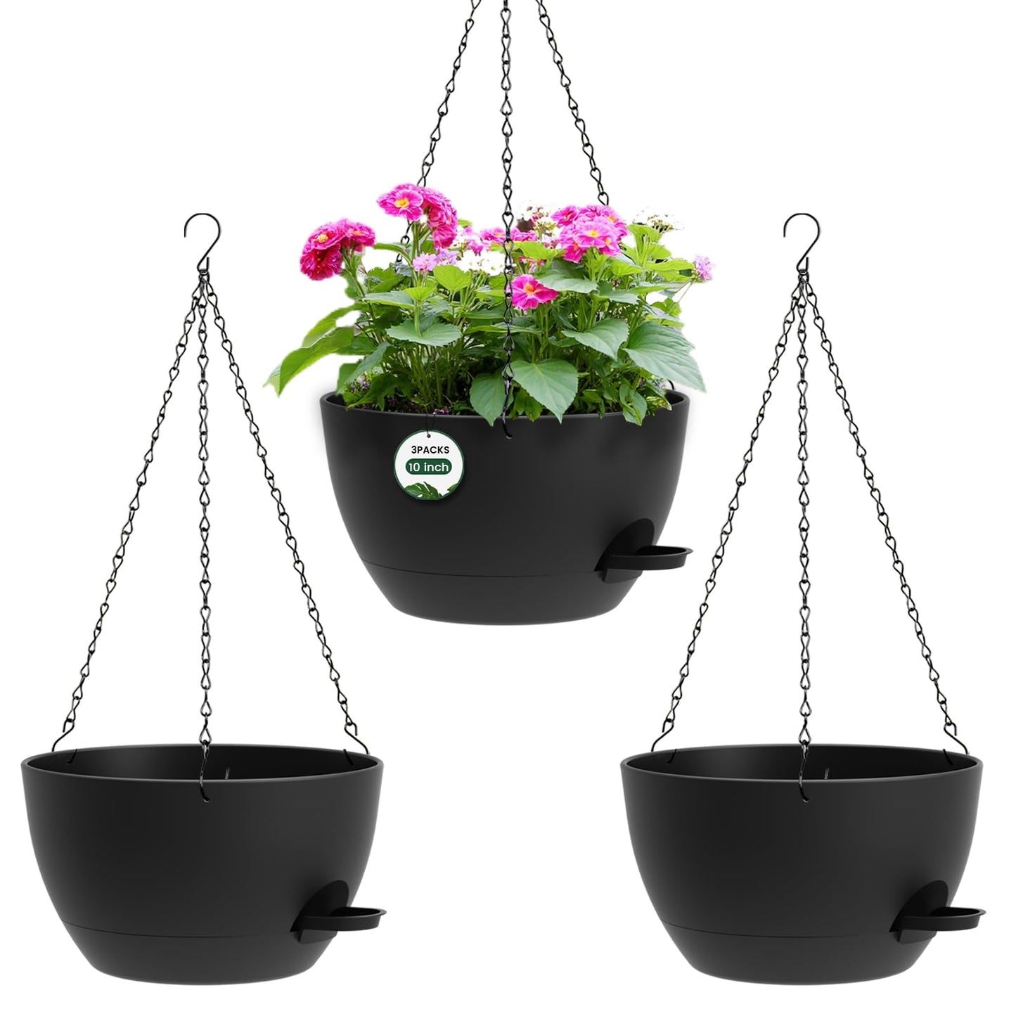AHJZO 3 Pack 10 Hanging Flower Pots with Chains Self Watering Plastic Planters for Indoor Outdoor Plants, Sturdy Triangular Iron Chain Design for Garden PorchPlastic Hanging Flower pots (3, Black)