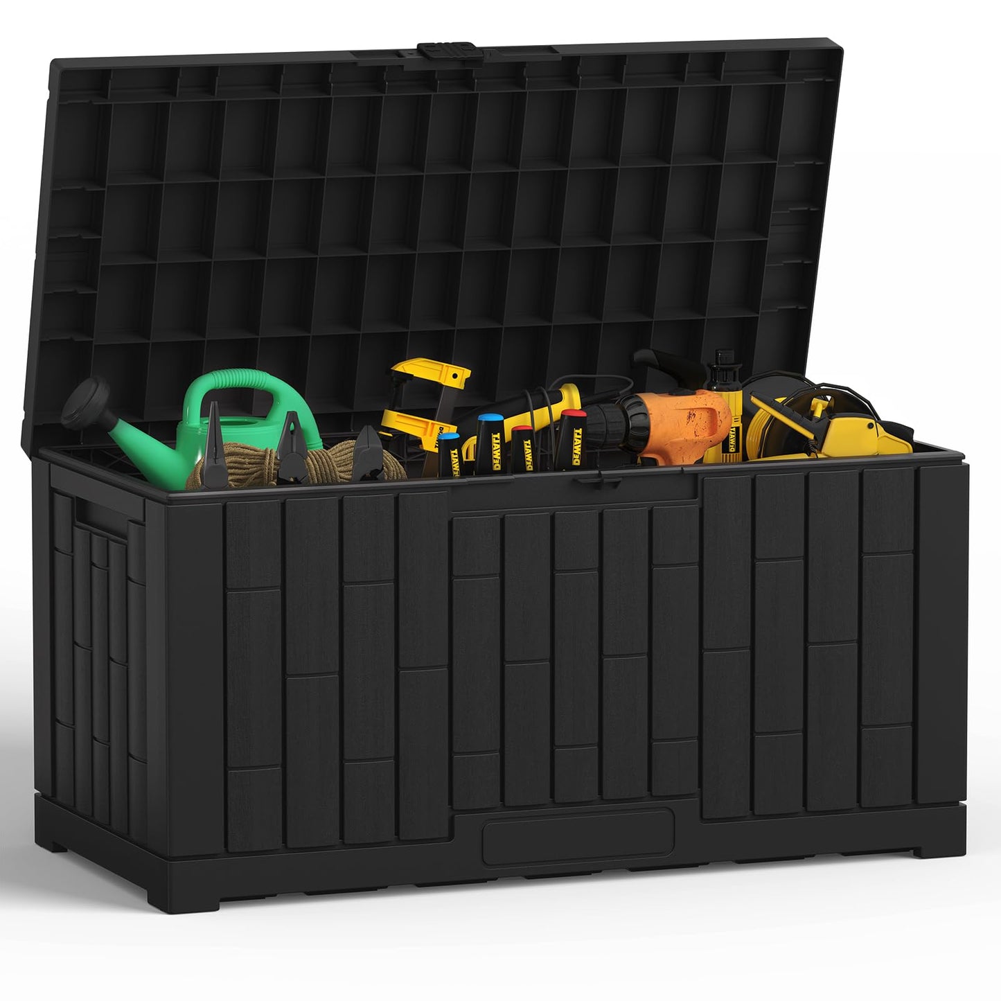 DUMOS 60 Gallon Deck Box, UV Resistant Waterproof Storage Bin for Patio Cushions Gardening Tools, Lockable Resin Outdoor Storage Box with Hundles, Black