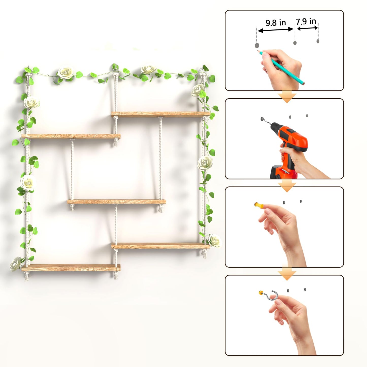 FKSLIFE Hanging Shelves for Wall,Macrame Hanging Plant Shelf with Vine Lights 5 Tier Rope Floating Shelf Wood Organizer Storage Rack Boho Wall Decor Aesthetic for Succulents Bedroom Bathroom Kitchen