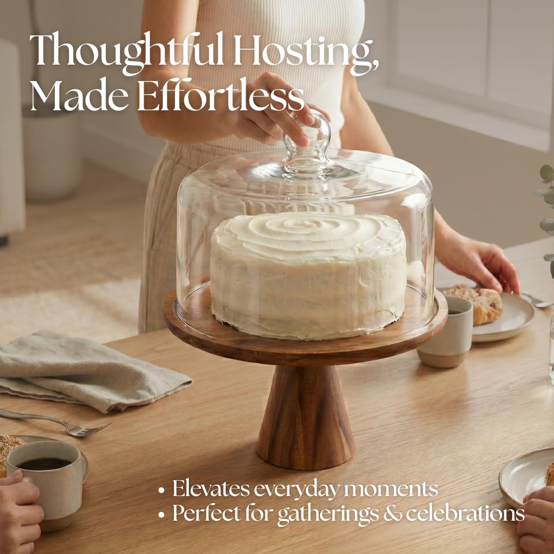 Stellarie Acacia Wood Cake Stand with Glass Dome Lid, Reversible Cake Stand and Serving Board Designed for Everyday Use, Desserts, Charcuterie, and Gifting