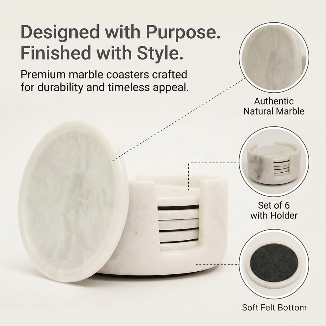 Marble Coasters Set of 6 with Holder, 3.5 Inch Round Drink Coasters for Tabletop and Coffee Table Decor, White