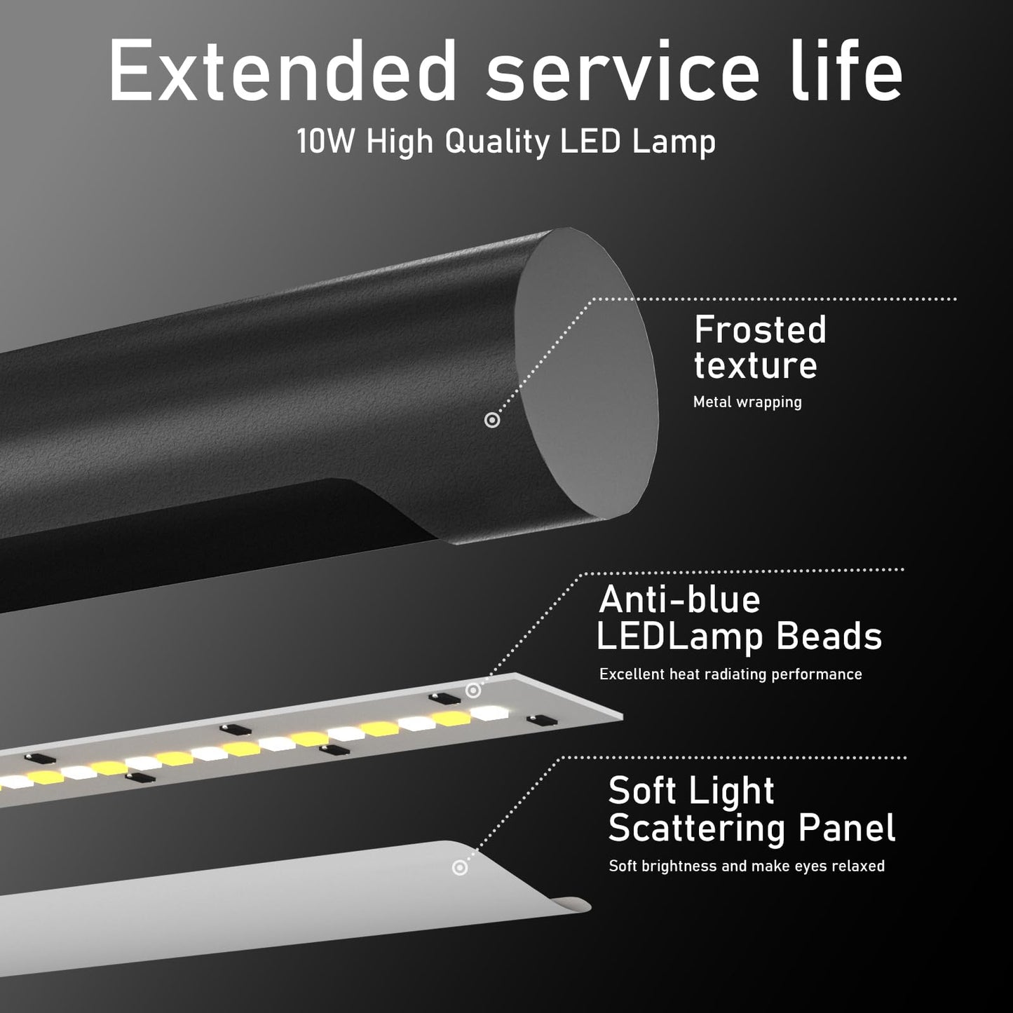 LED Desk Lamp, 10W Eye-Caring Task Light for Home Office, Metal Build with Frosted Texture & Stable Base, 3 Color Modes, 10 Brightness Levels, Flexible Adjustment & Memory, USB Adapter Included, Black