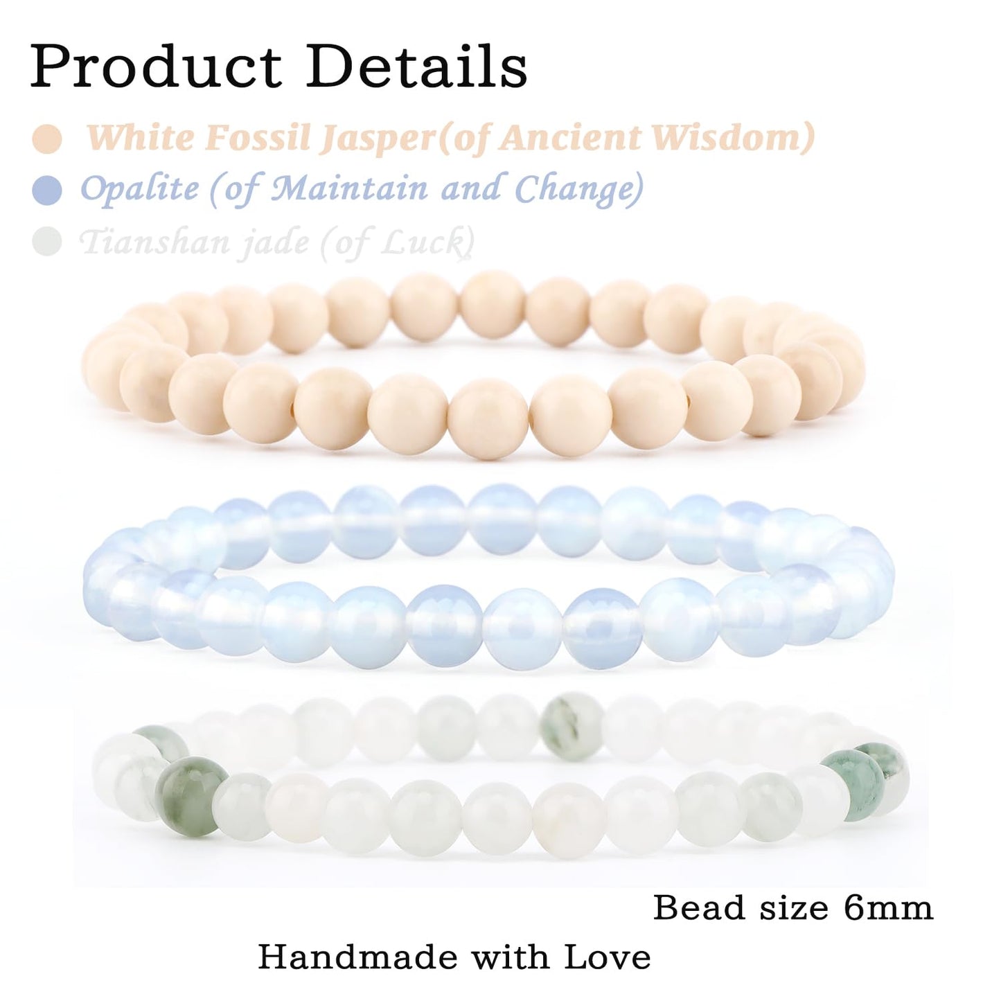 NCB 3-Piece 6mm Natural Crystal Gemstone Stretch Bracelets – ﻿Opalite, Tianshan Jade, White Fossil Jasper Handmade Reiki Energy Healing Jewelry for Meditation,Yoga, Unisex
