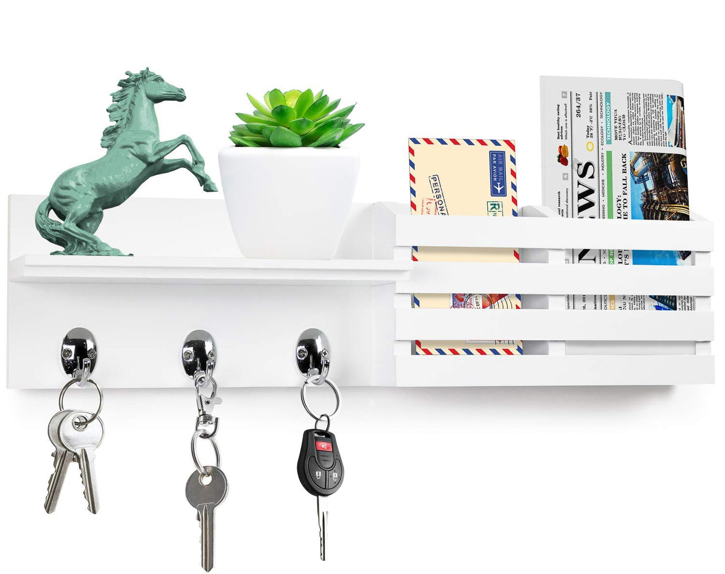 Greenco Entryway Wall Mounted Floating Shelf Letter Holder with Hooks, Hat and Coat Wooden Hanging Storage Shelf, 24” – White