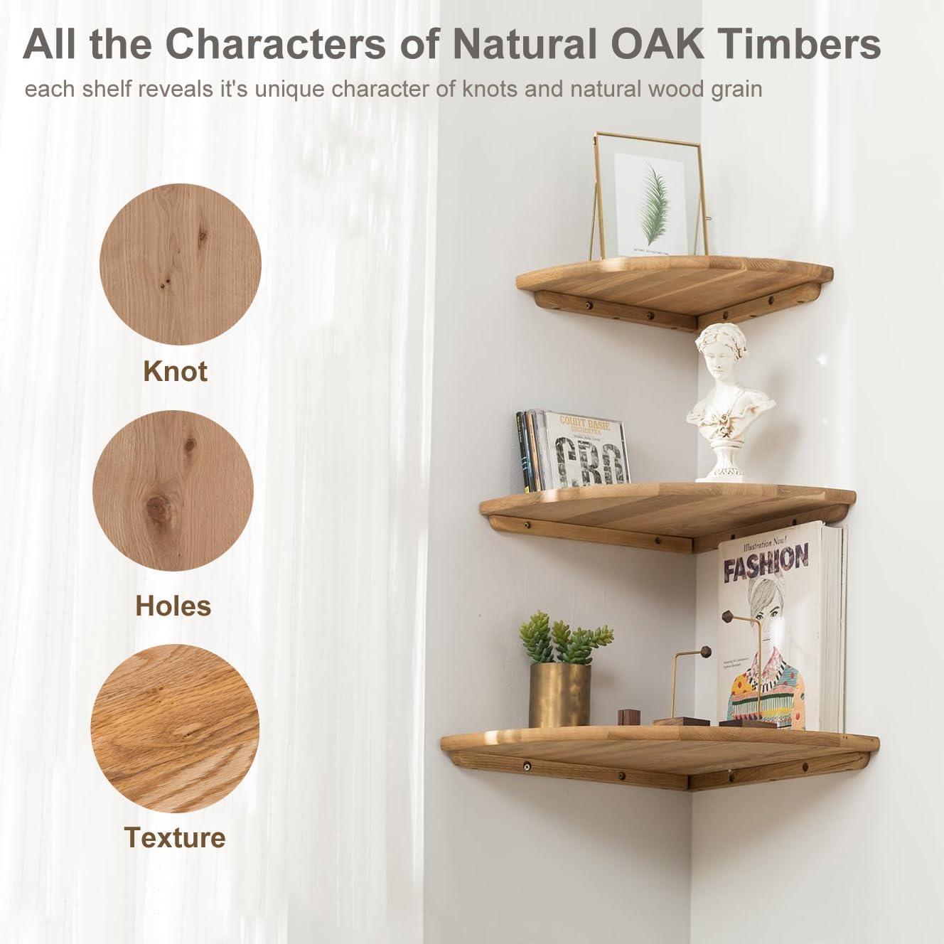 Conamily Corner Shelf, Solid Oak Wood Floating Corner Shelf Wall Mount Round End Floating Speaker with Wire Hole for Small Plant Photo for Bedroom Kitchen, Living Room