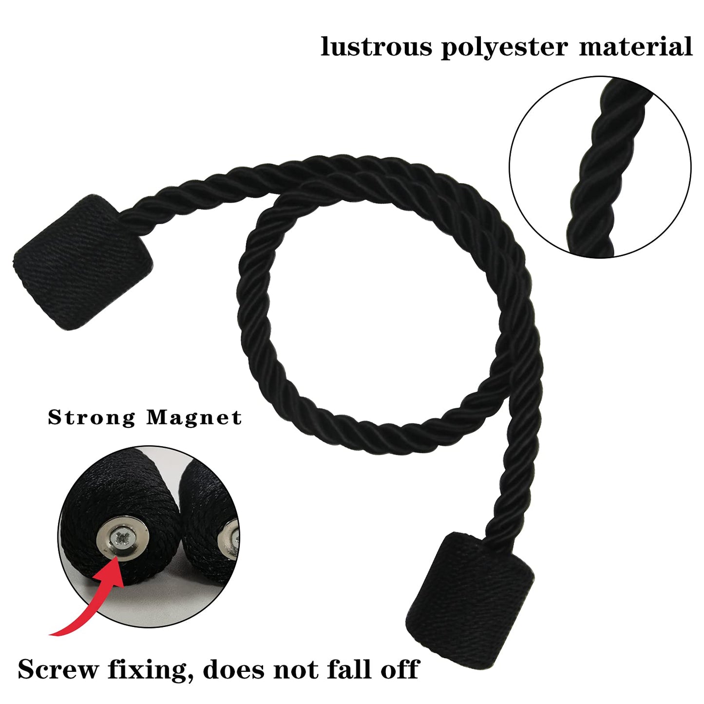 Porlau 2 Pack Black Strong Magnetic Curtain Tiebacks Outdoor Elegant Decorative Tie Backs Modern Rope Tiebacks for Drapes Window Curtain Holdbacks for Draperies